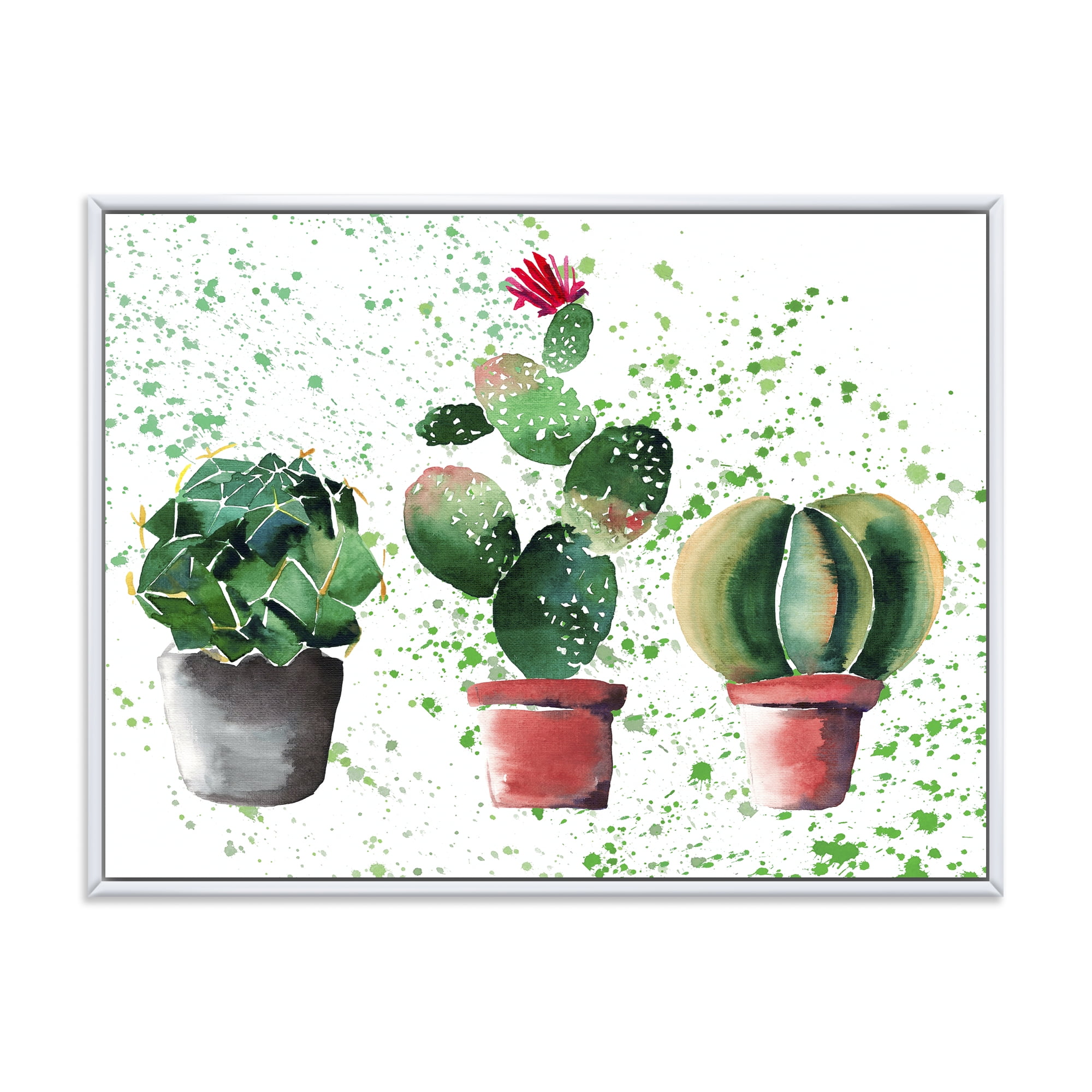 Designart 'Three Cacti In Clay Pots With Green Dots' Traditional Framed Canvas Wall Art Print