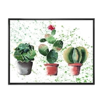 Designart 'Three Cacti In Clay Pots With Green Dots' Traditional Framed Canvas Wall Art Print
