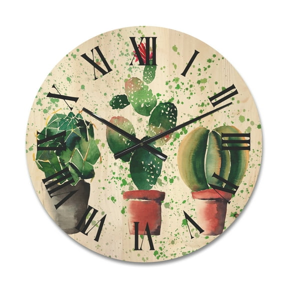 Designart 'Three Cacti In Clay Pots With Green Dots' Traditional Wood Wall Clock