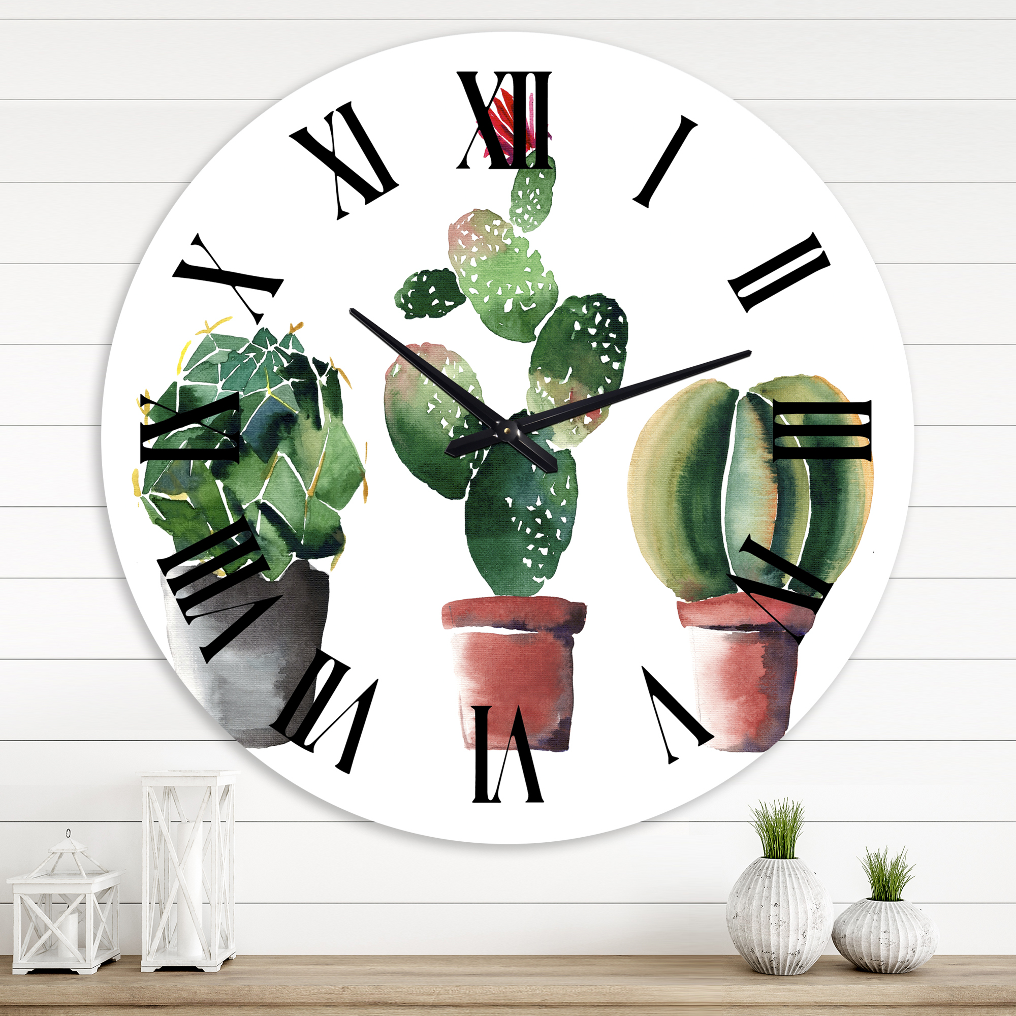 Designart 'Three Cactus In Clay Pots' Traditional Wall Clock