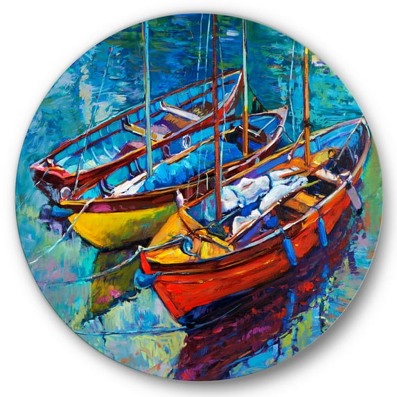 Designart 'Three Colorful Boats In The Harbor' Nautical & Coastal Circle Metal Wall Art 23x23 - Disc of 23