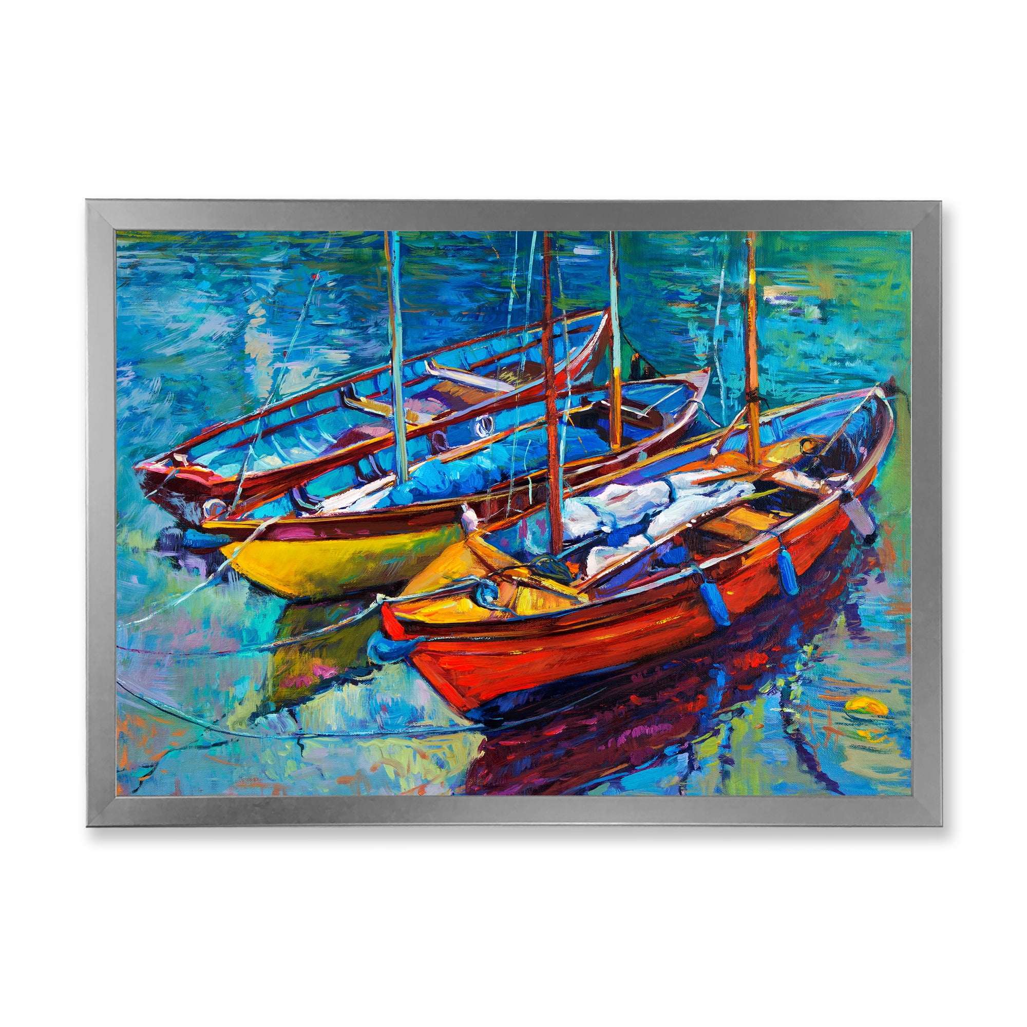 Designart 'Three Colorful Boats In The Harbor' Nautical & Coastal Framed Art Print