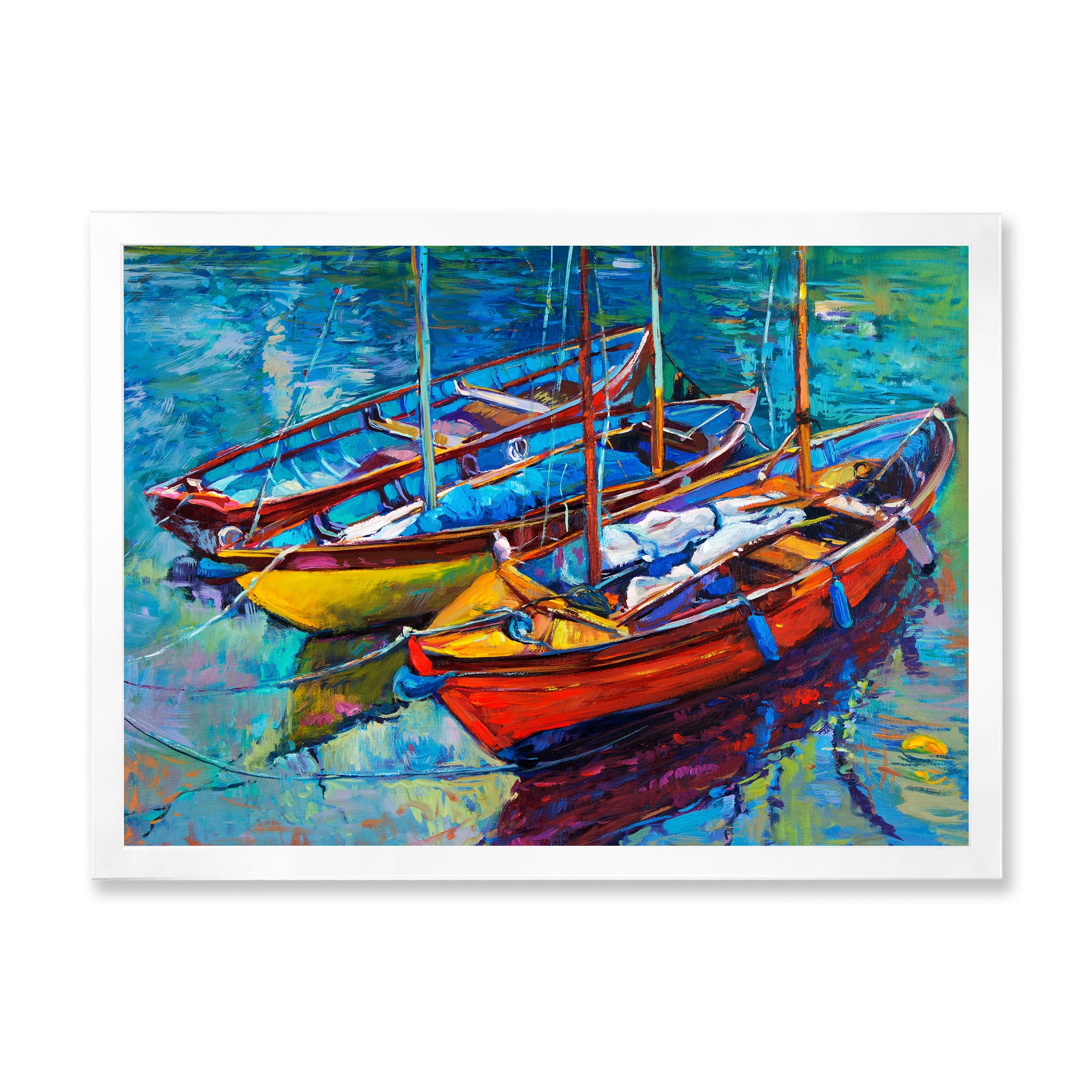 Designart 'Three Colorful Boats In The Harbor' Nautical & Coastal Framed Art Print