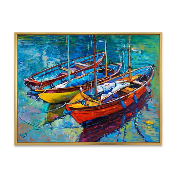 Designart 'Three Colorful Boats In The Harbor' Nautical & Coastal Framed Canvas Wall Art Print