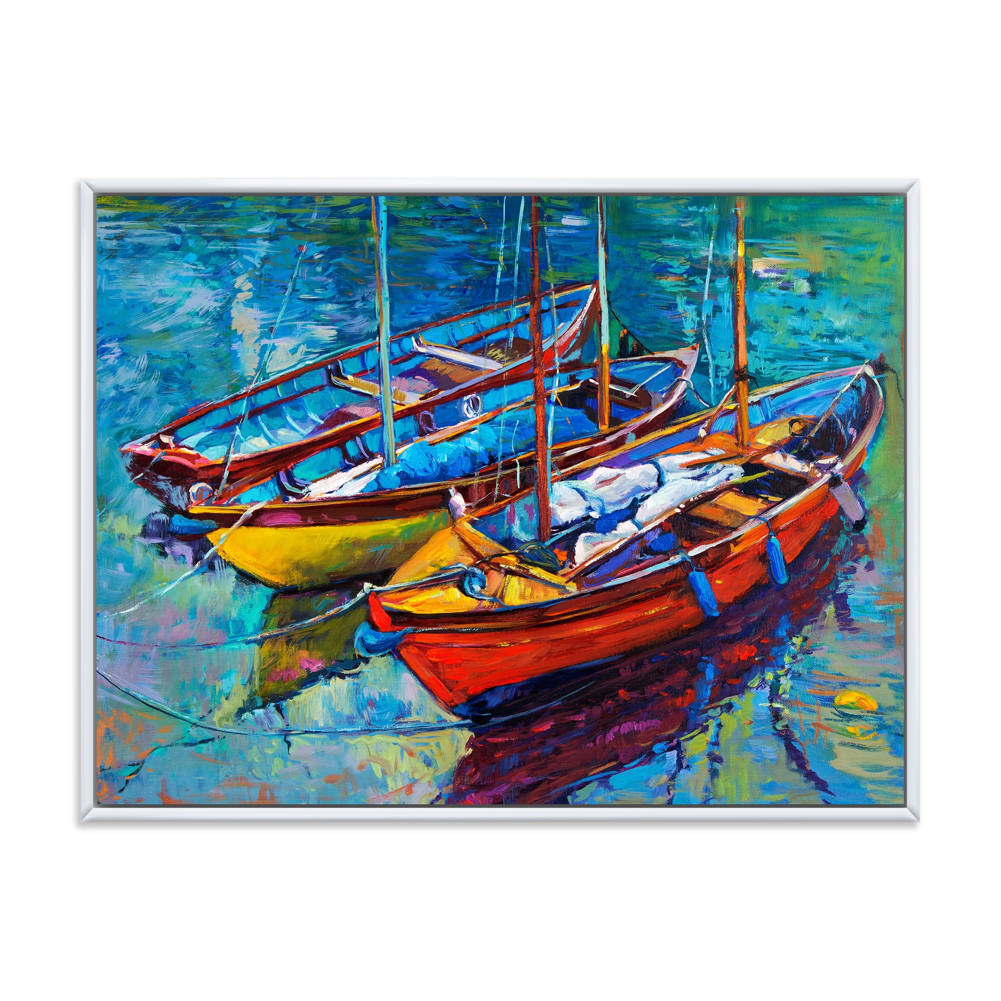 Designart 'Three Colorful Boats In The Harbor' Nautical & Coastal Framed Canvas Wall Art Print