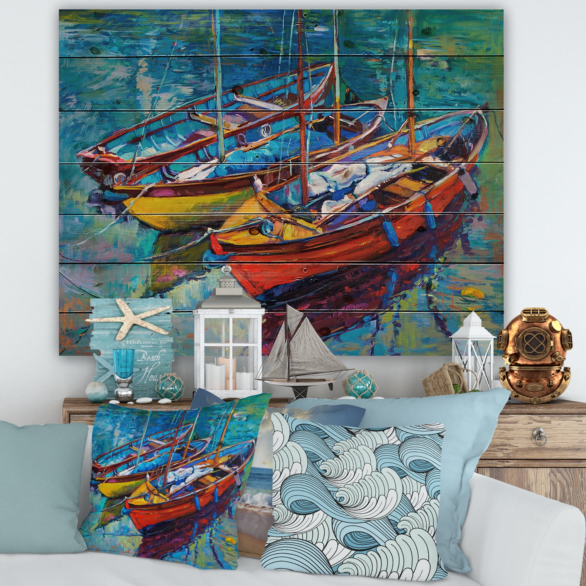 Designart 'Three Colorful Boats In The Harbor' Nautical & Coastal Print on Natural Pine Wood
