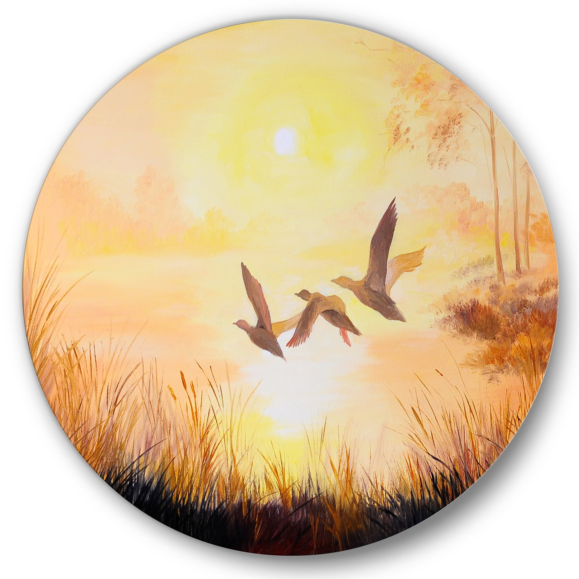 Designart 'Three Cranes Flying Through Warm Sunset' Traditional Circle Metal Wall Art 29x29 - Disc of 29