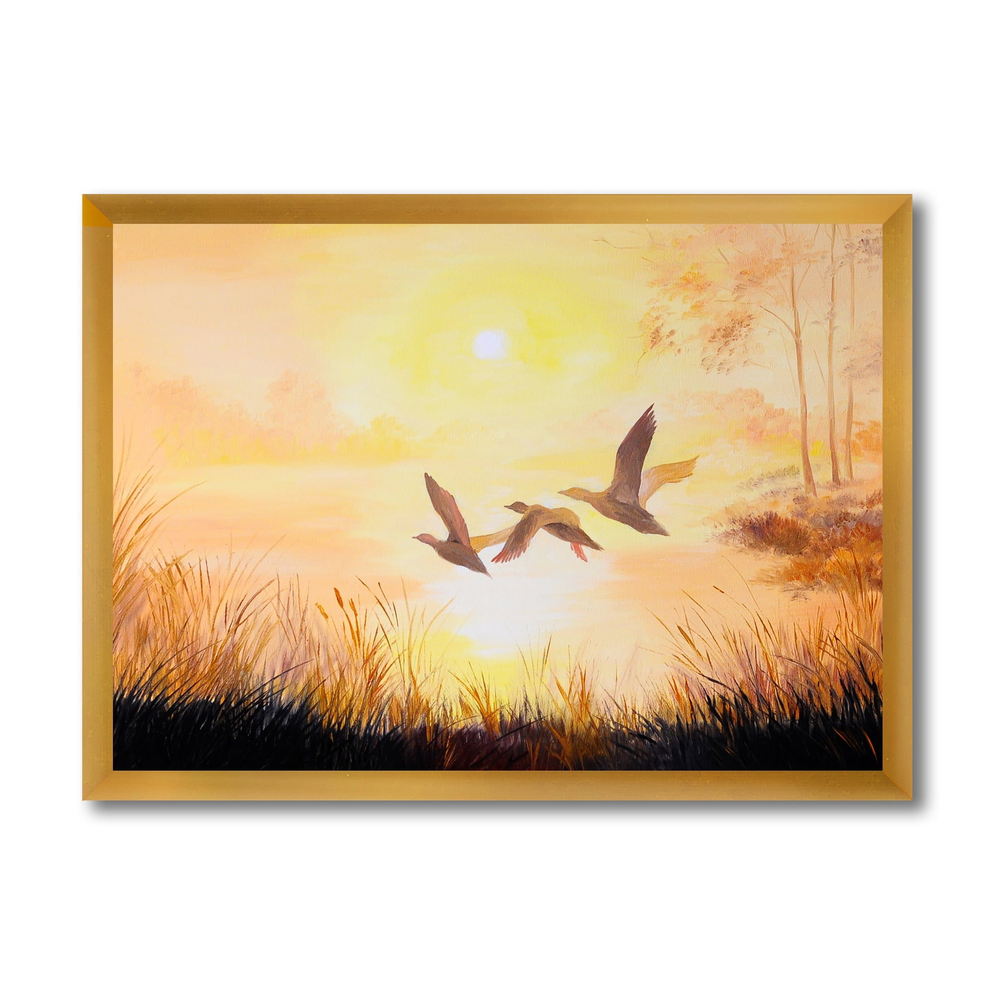 Designart 'Three Cranes Flying Through Warm Sunset' Traditional Framed Art Print
