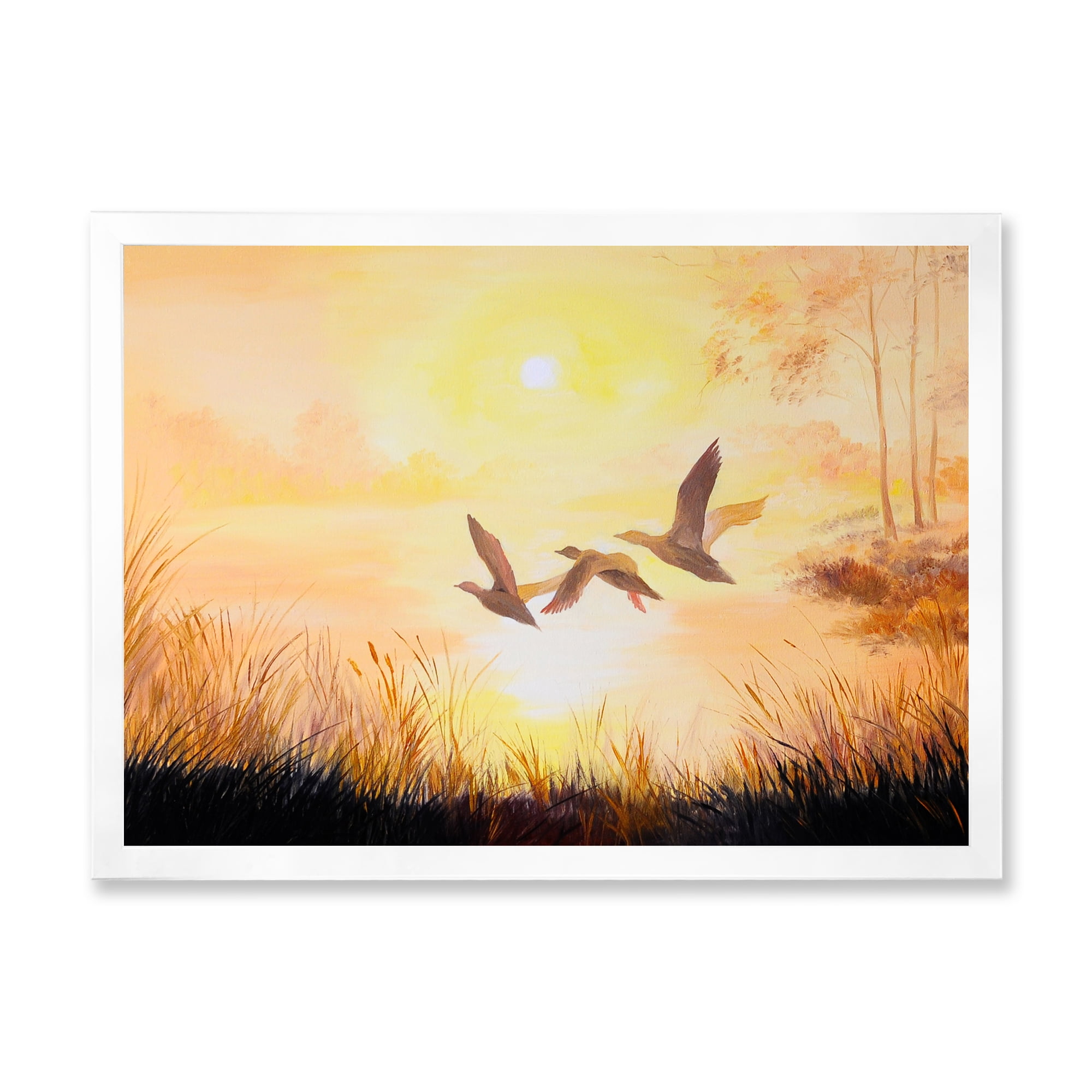 Designart 'Three Cranes Flying Through Warm Sunset' Traditional Framed Art Print