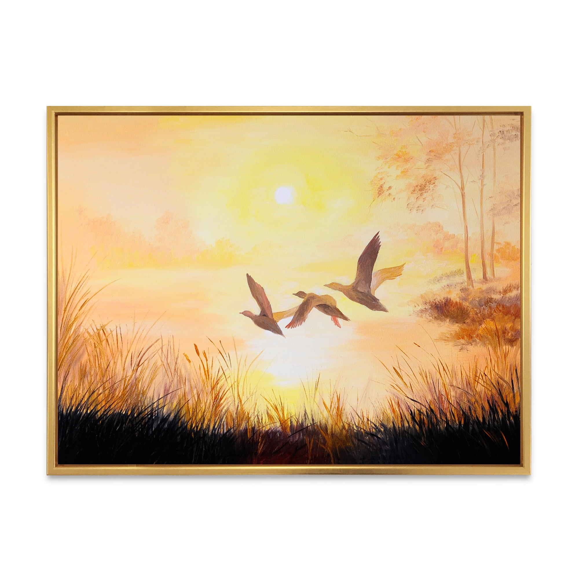 Designart 'Three Cranes Flying Through Warm Sunset' Traditional Framed Canvas Wall Art Print