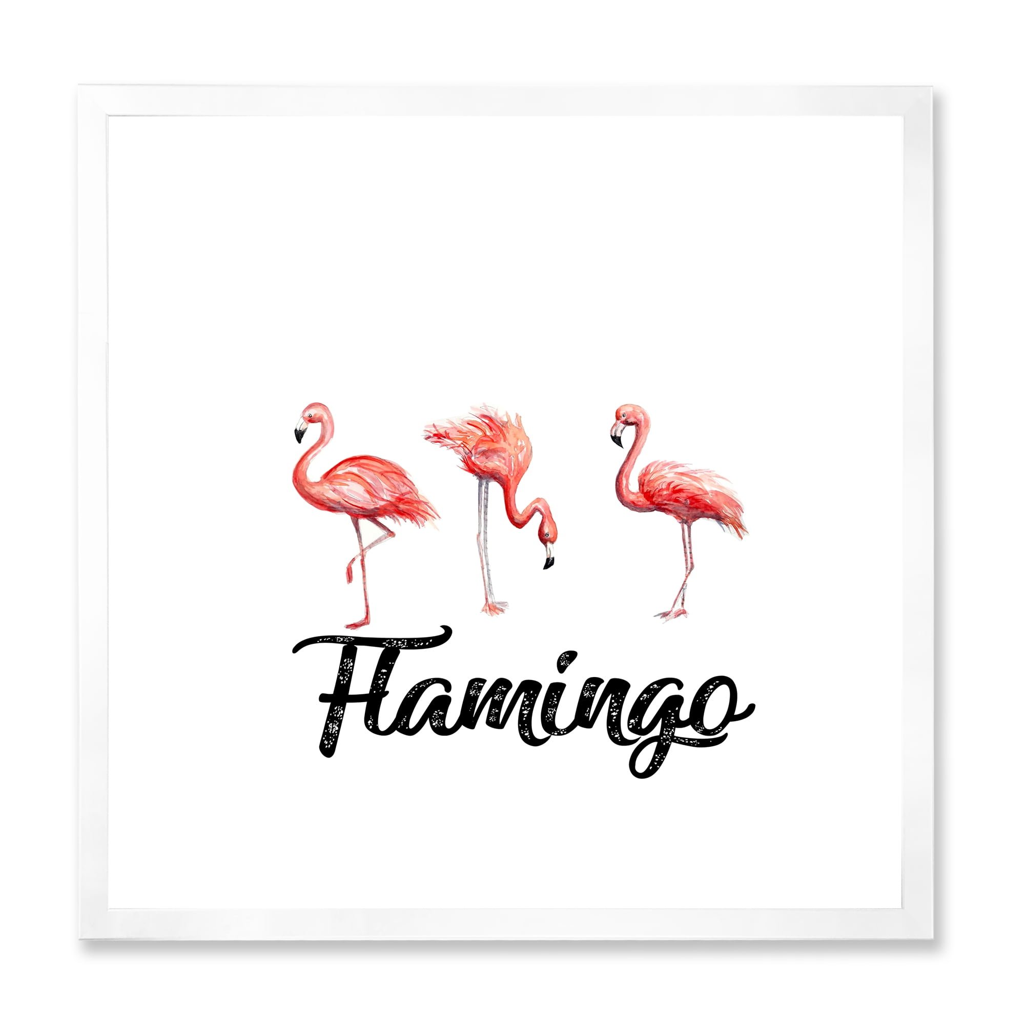 Designart 'Three Flamingos On White' Farmhouse Framed Art Print