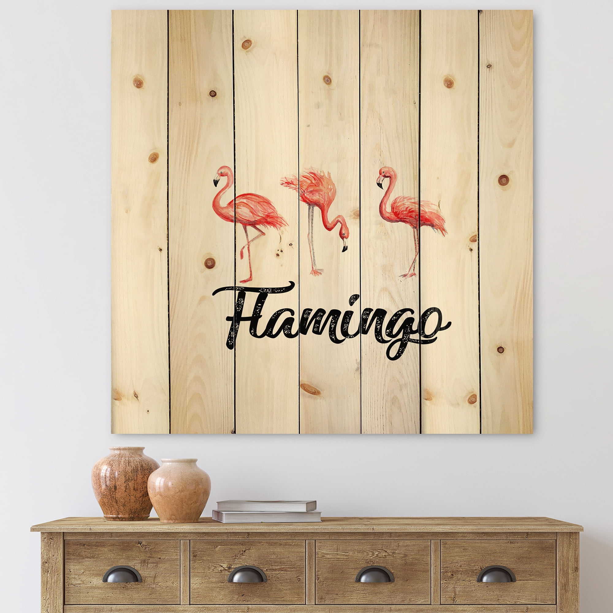 Designart 'Three Flamingos On White' Farmhouse Print on Natural Pine Wood