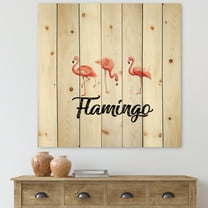 Designart 'Three Flamingos On White' Farmhouse Print on Natural Pine Wood