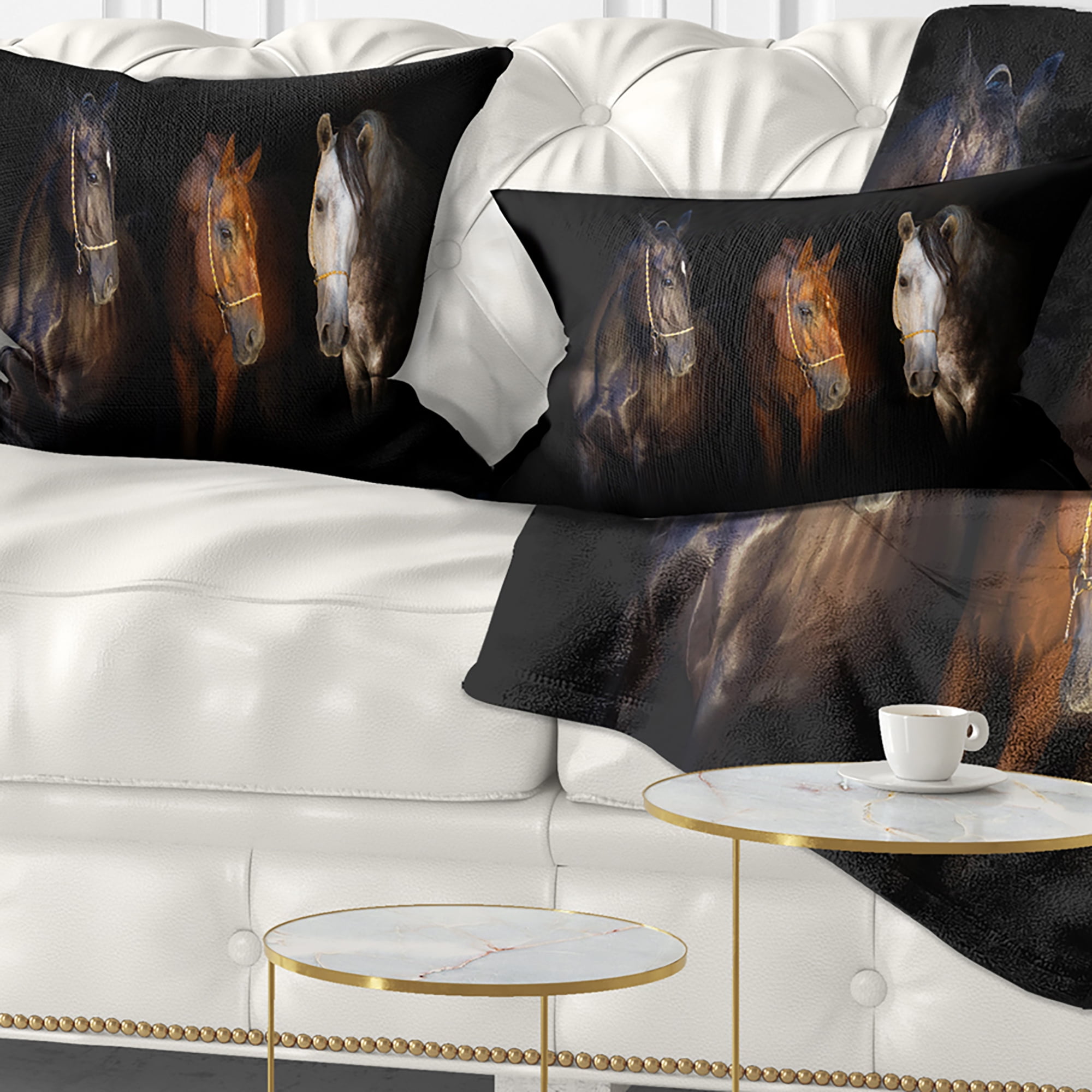 Designart Three Horses with Golden Bridle - Animal Throw Pillow - 12x20