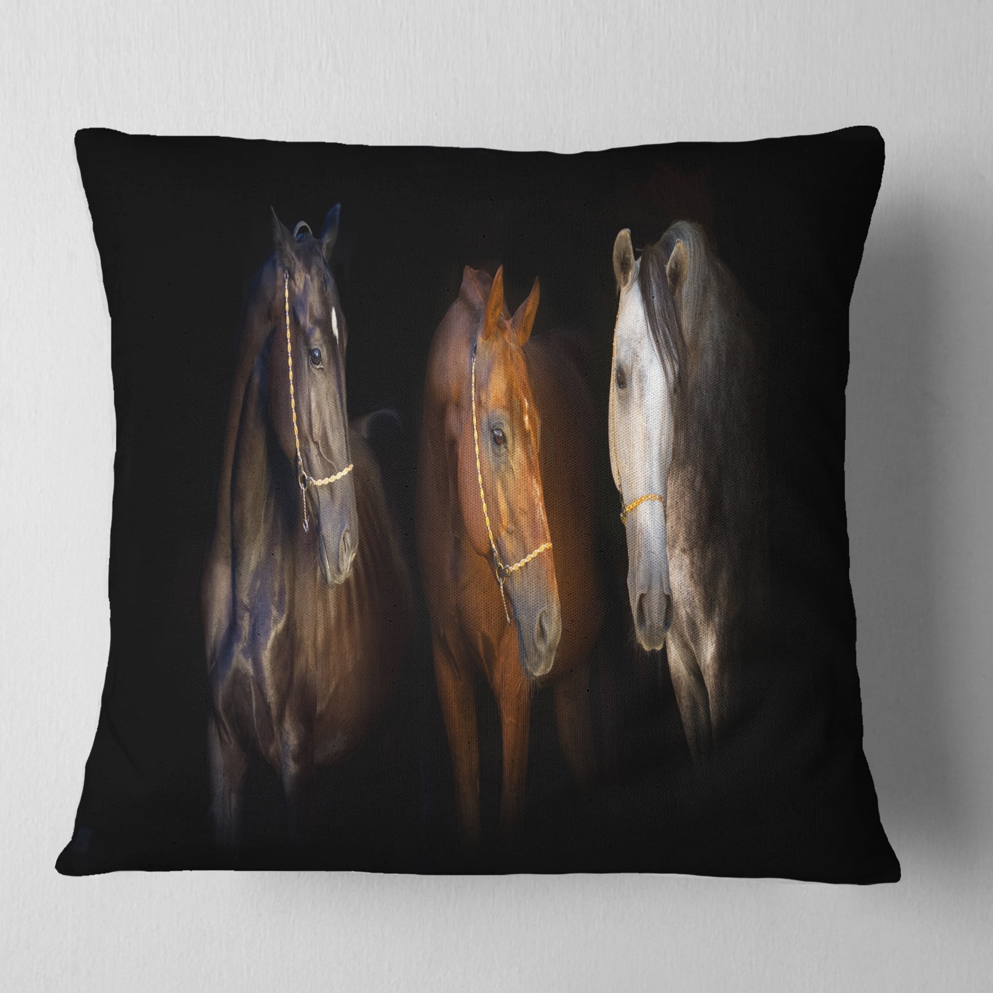 Designart Three Horses with Golden Bridle - Animal Throw Pillow - 18x18