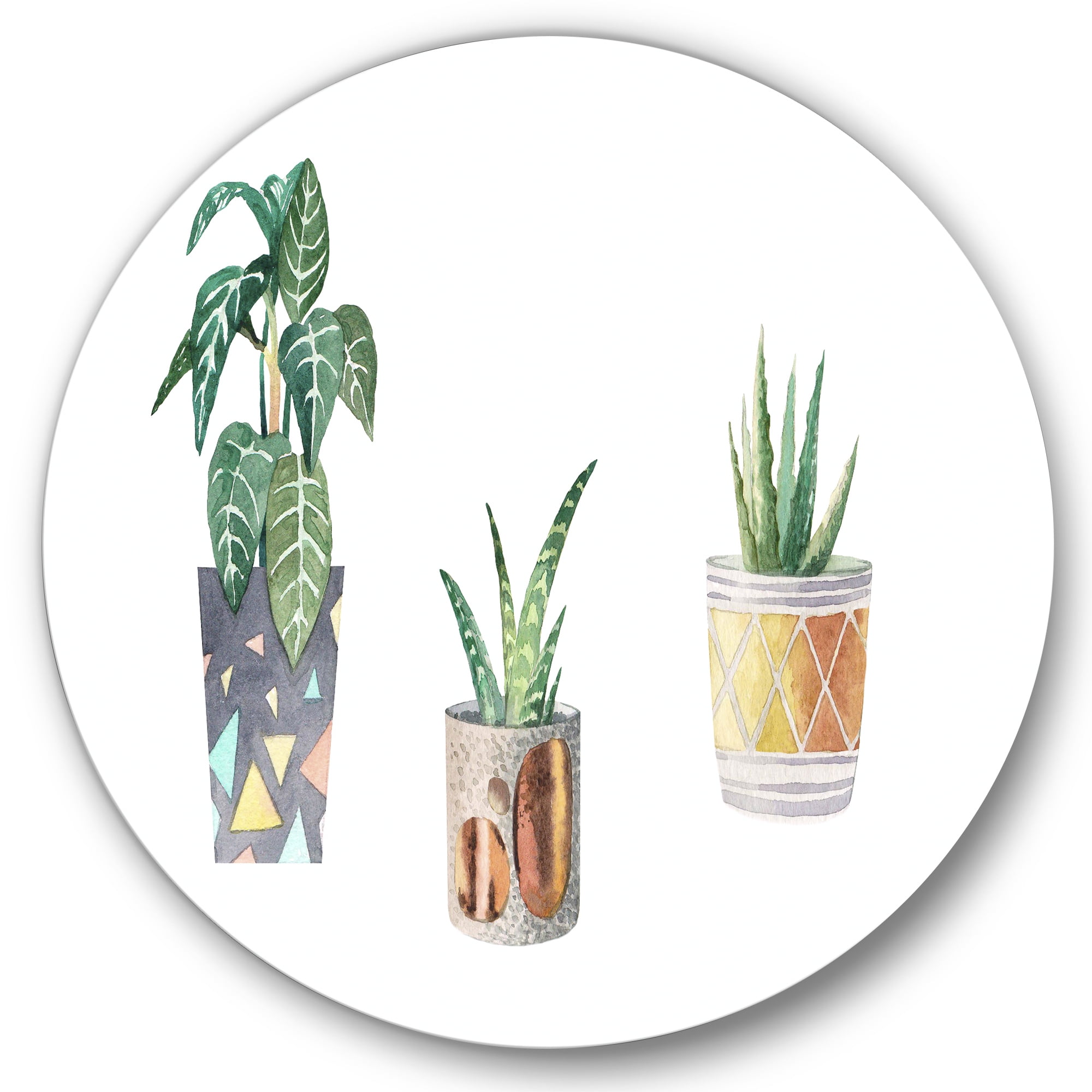 Designart 'Three Potted Houseplants On White' Traditional Circle Metal Wall Art 11x11 - Disc of 11