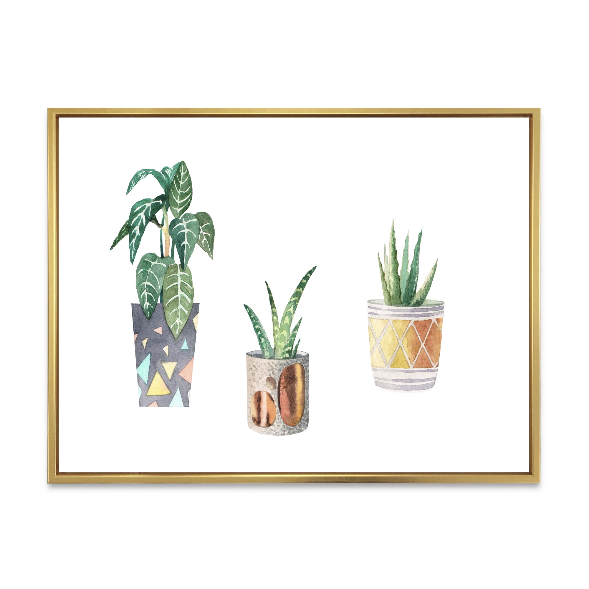 Designart 'Three Potted Houseplants On White' Traditional Framed Canvas Wall Art Print