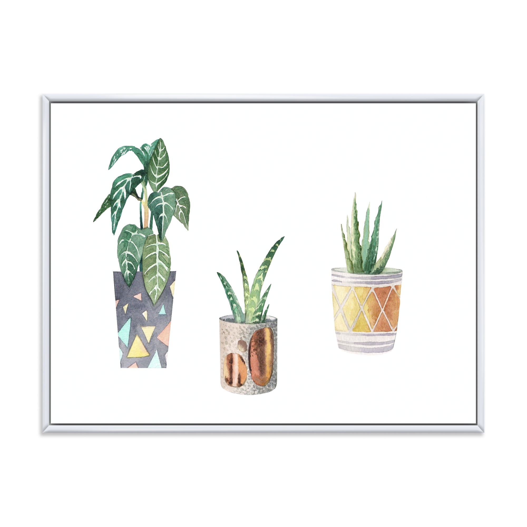 Designart 'Three Potted Houseplants On White' Traditional Framed Canvas Wall Art Print