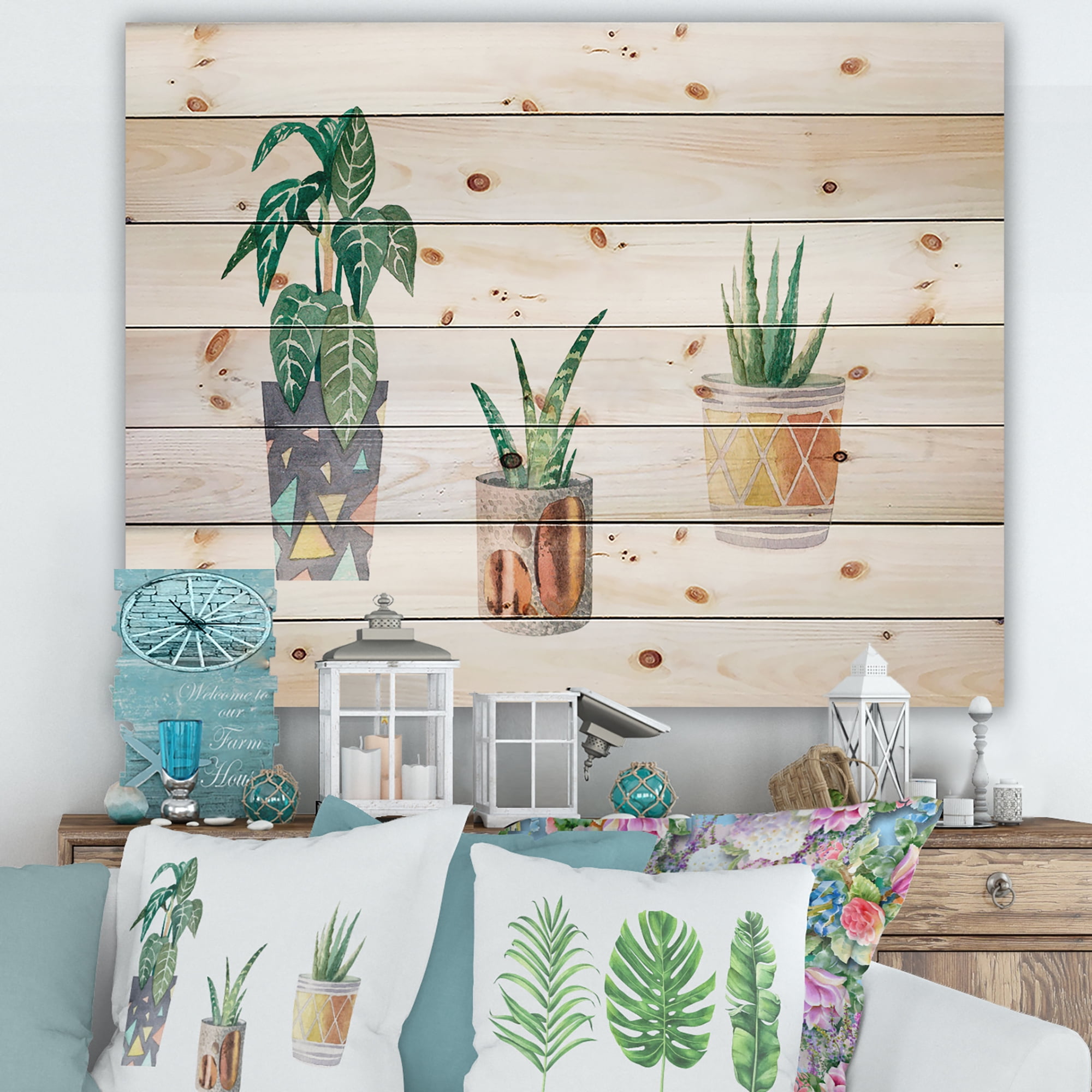 Designart 'Three Potted Houseplants On White' Traditional Print on Natural Pine Wood