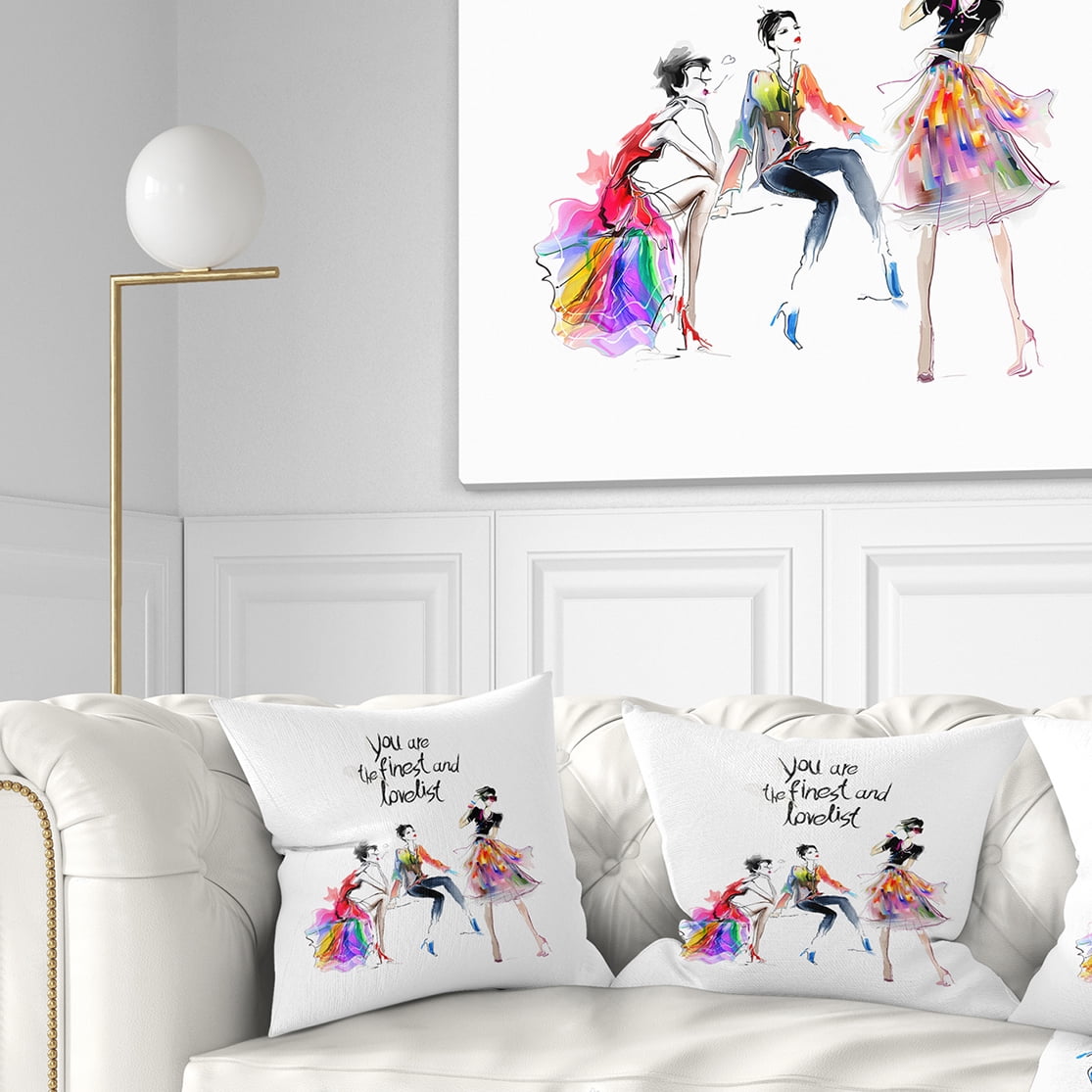 Designart Three Pretty Fashion Girls - Abstract Portrait Throw Pillow - 16x16