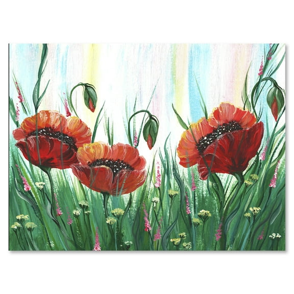 Designart ' Three Red Bright Poppy Flowers On A Green Meadow ' Traditional Canvas Wall Art Print