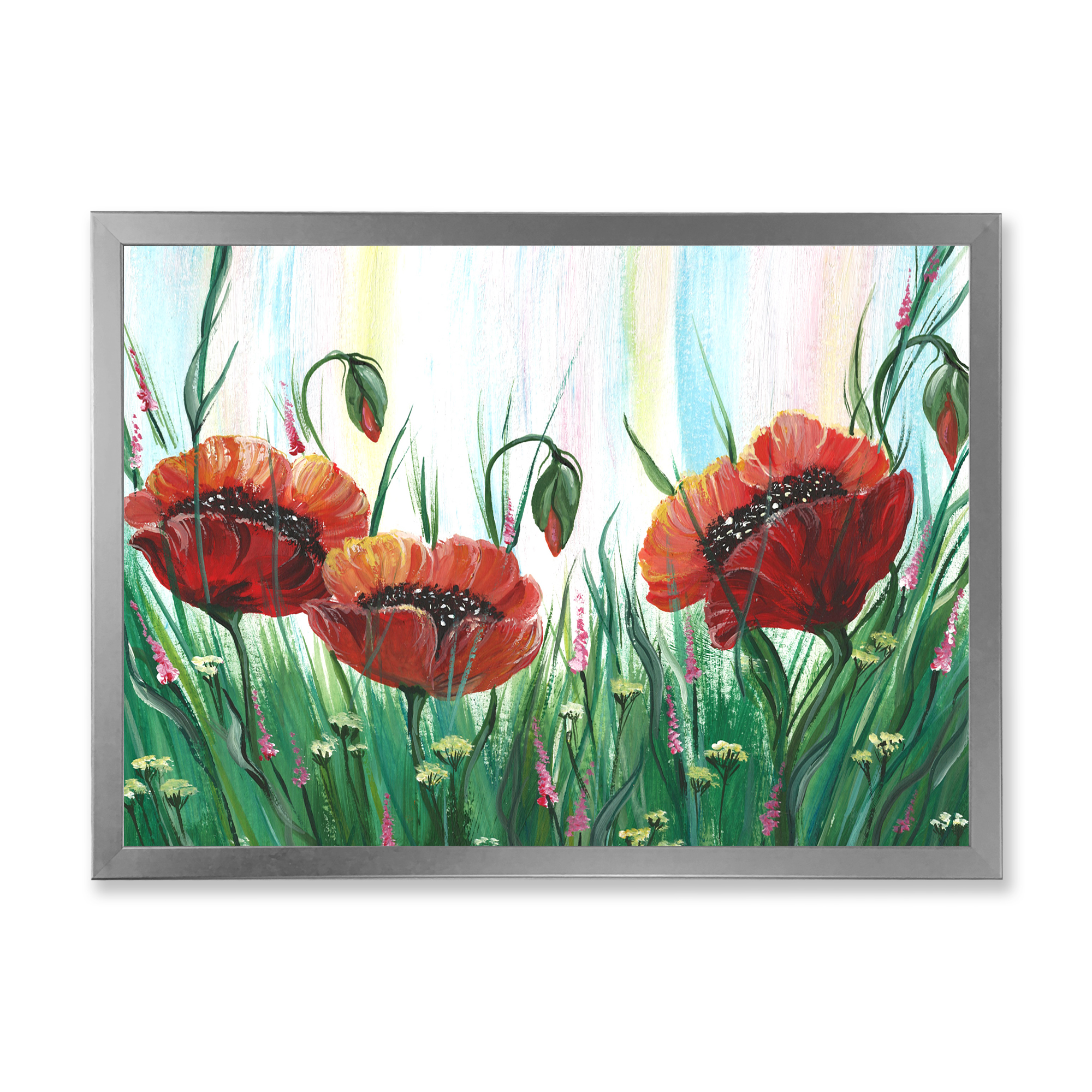 Designart 'Three Red Bright Poppy Flowers On A Green Meadow' Traditional Framed Art Print