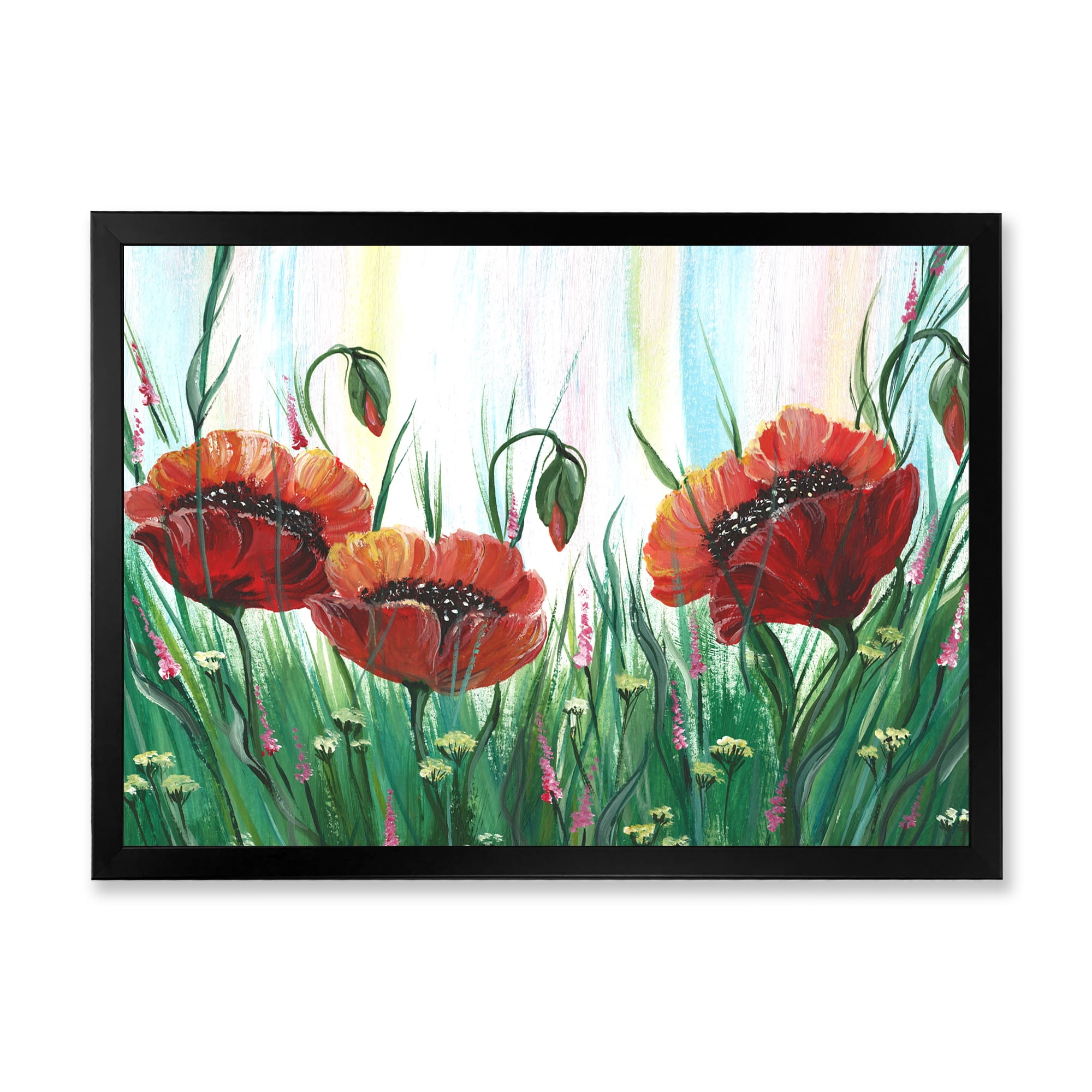 Designart 'Three Red Bright Poppy Flowers On A Green Meadow' Traditional Framed Art Print