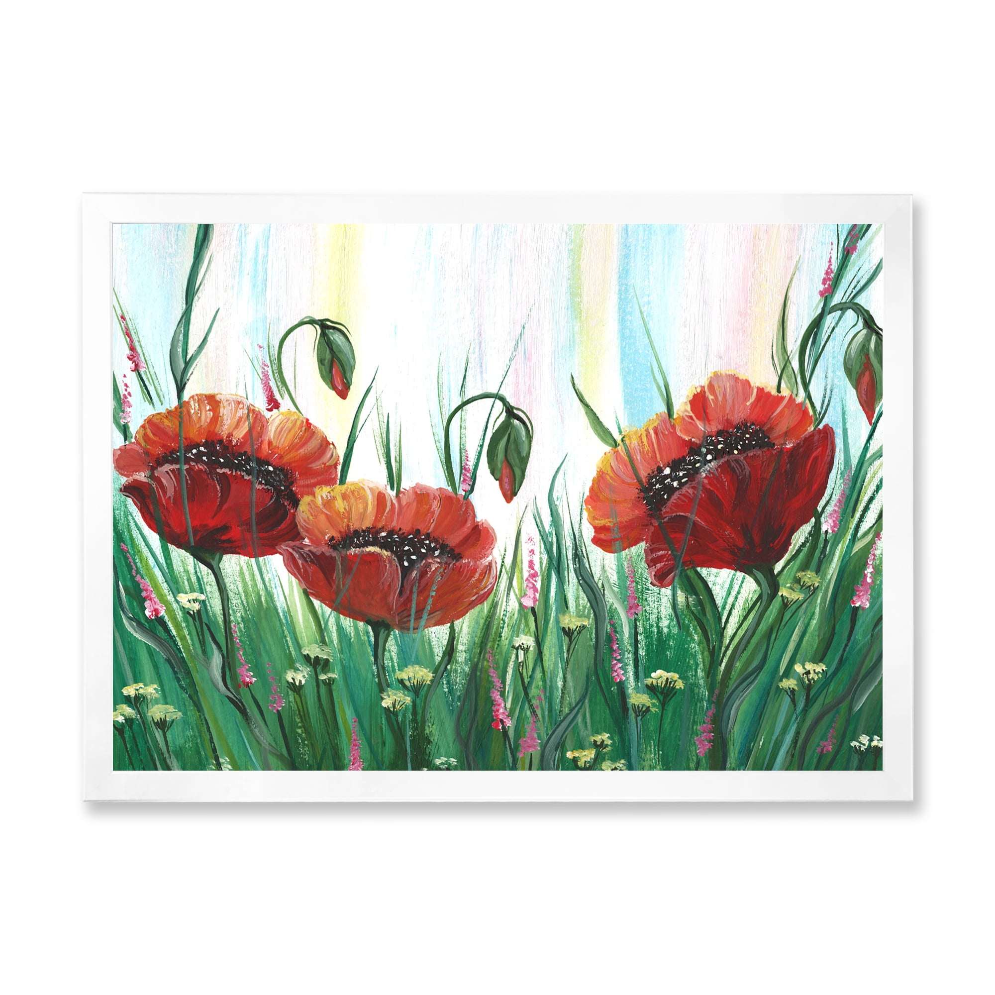 Designart 'Three Red Bright Poppy Flowers On A Green Meadow' Traditional Framed Art Print