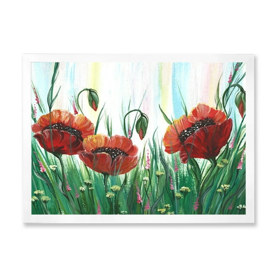 Designart 'Three Red Bright Poppy Flowers On A Green Meadow' Traditional Framed Art Print