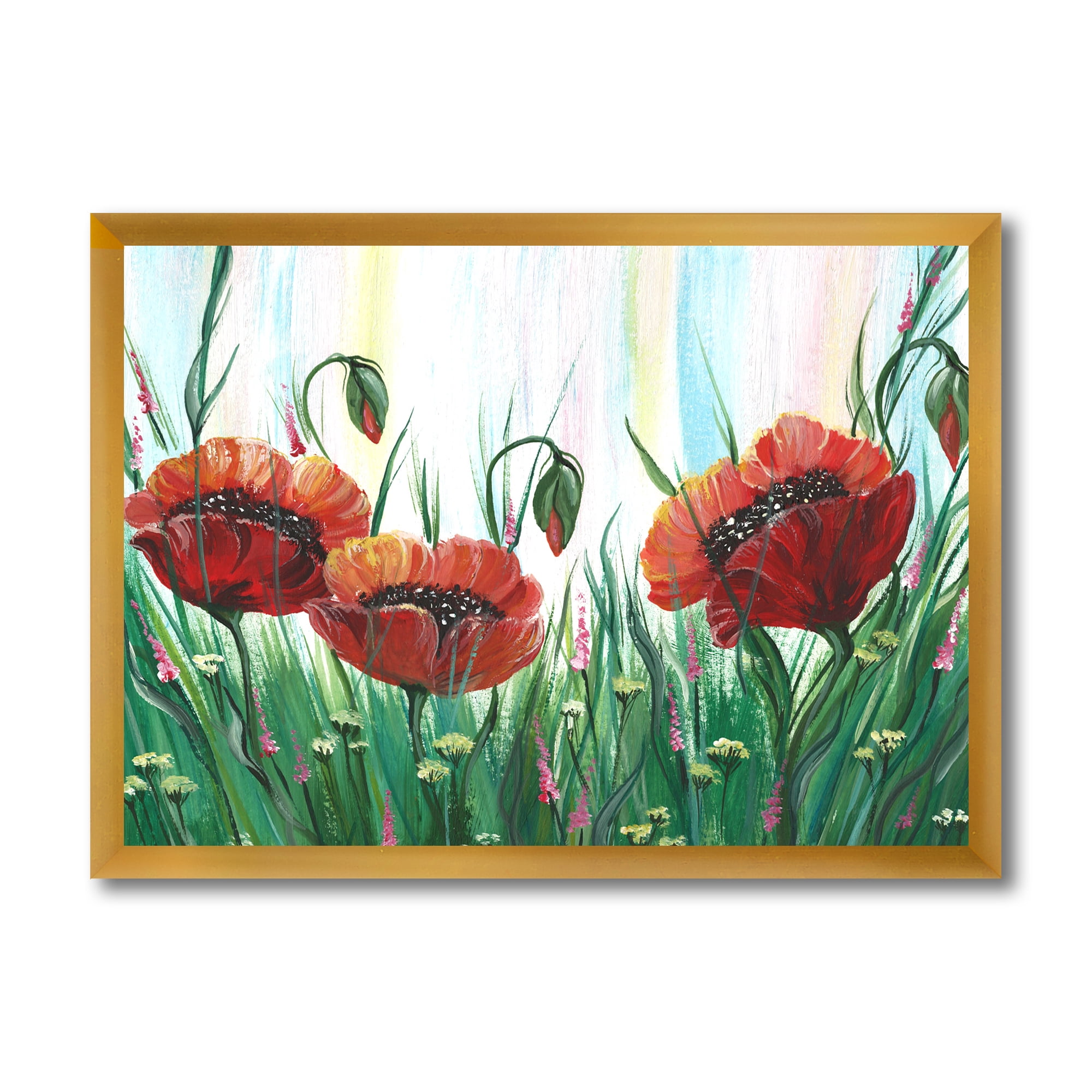 Designart 'Three Red Bright Poppy Flowers On A Green Meadow' Traditional Framed Art Print