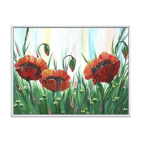 Designart 'Three Red Bright Poppy Flowers On A Green Meadow' Traditional Framed Canvas Wall Art Print