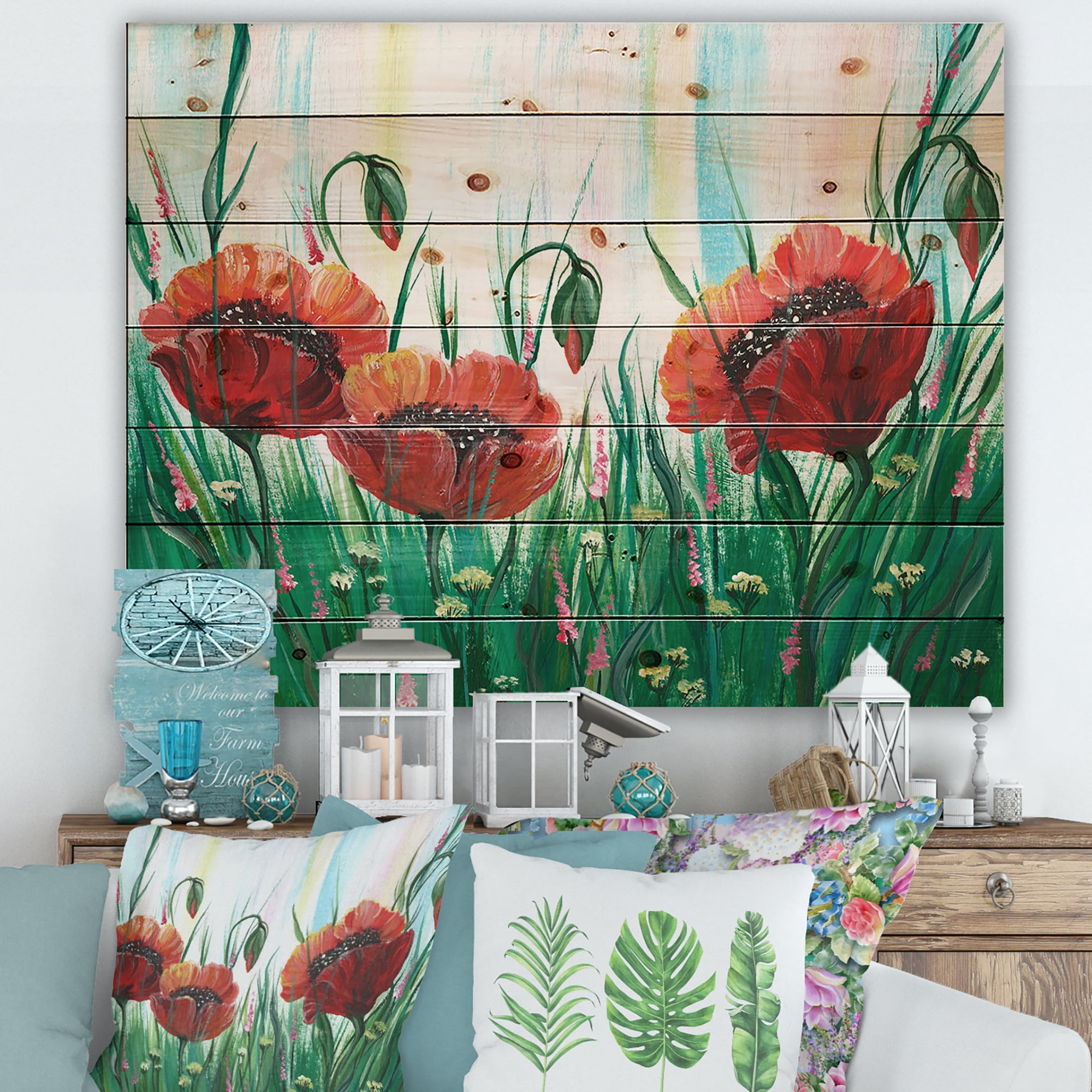 Designart 'Three Red Bright Poppy Flowers On A Green Meadow' Traditional Print on Natural Pine Wood