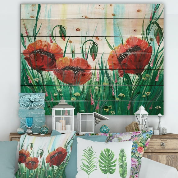 Designart 'Three Red Bright Poppy Flowers On A Green Meadow' Traditional Print on Natural Pine Wood