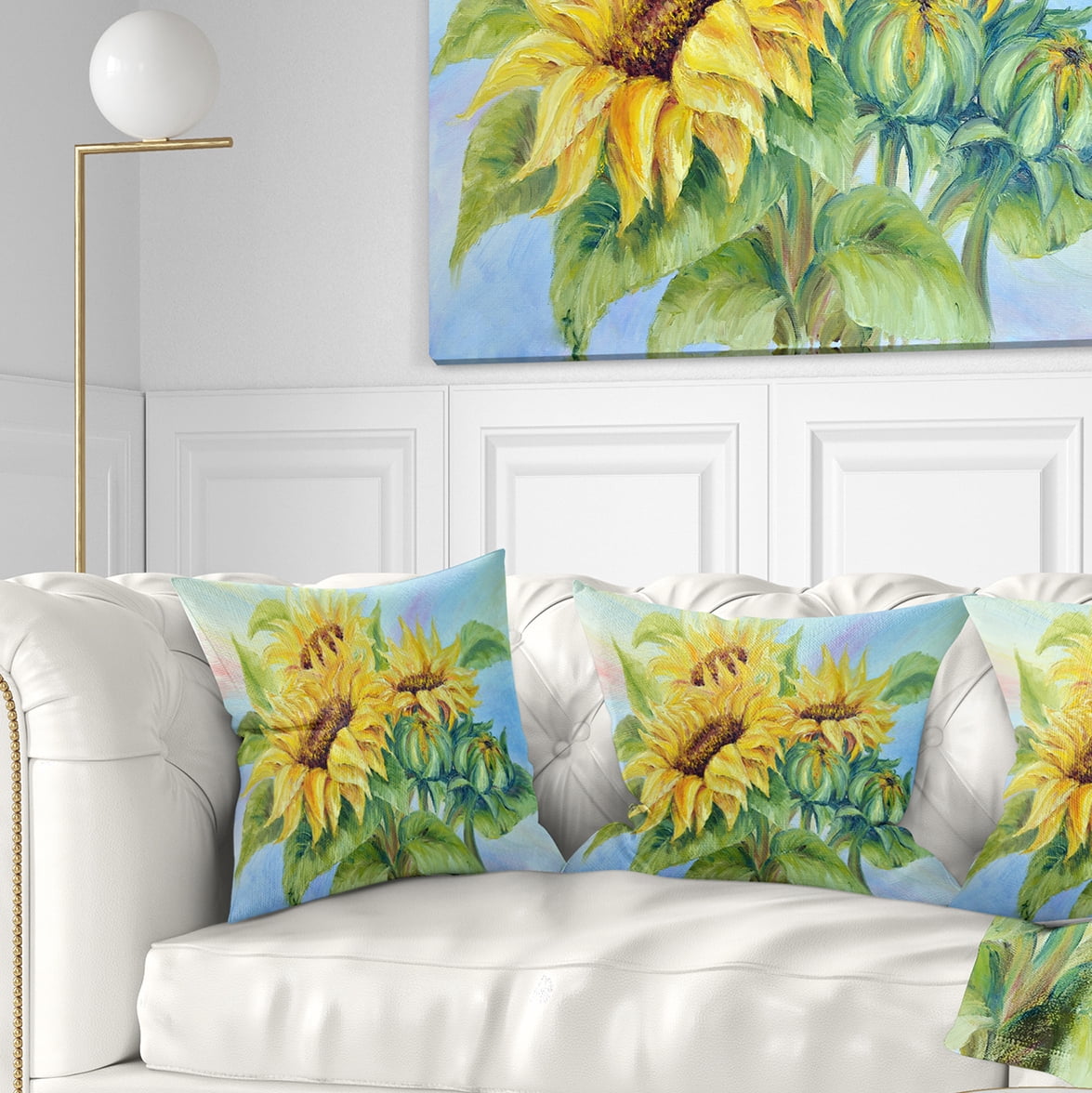 Designart Three Sunflowers - Floral Throw Pillow - 18x18
