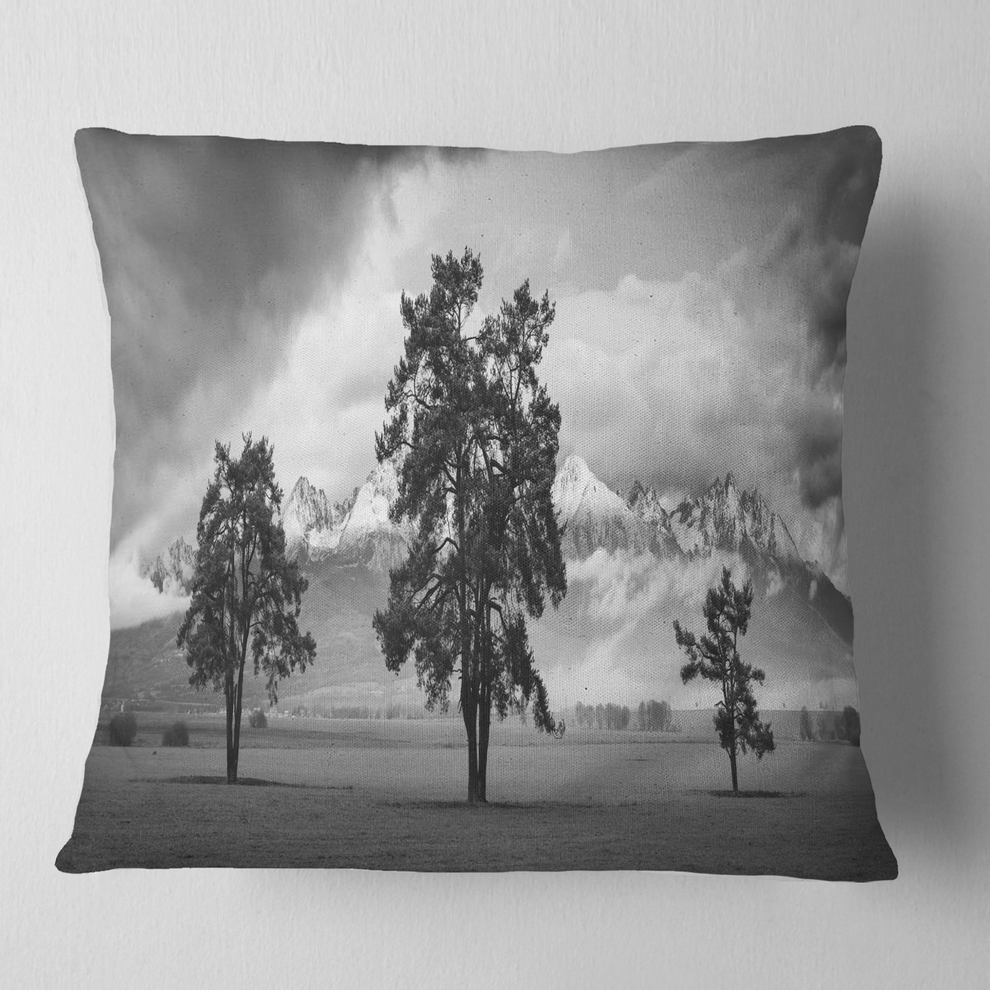 Designart Three Trees in Front of Mountains - Landscape Printed Throw Pillow - 16x16