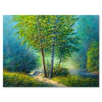 Designart ' Three Vibrant Green Trees By The River ' Lake House Canvas Wall Art Print