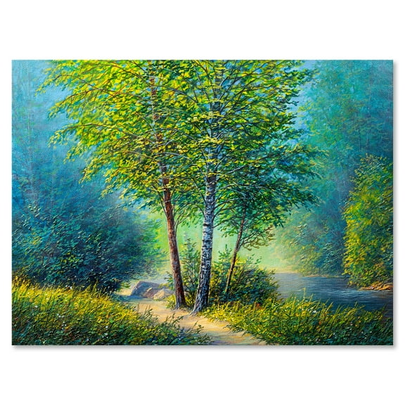 Designart ' Three Vibrant Green Trees By The River ' Lake House Canvas Wall Art Print