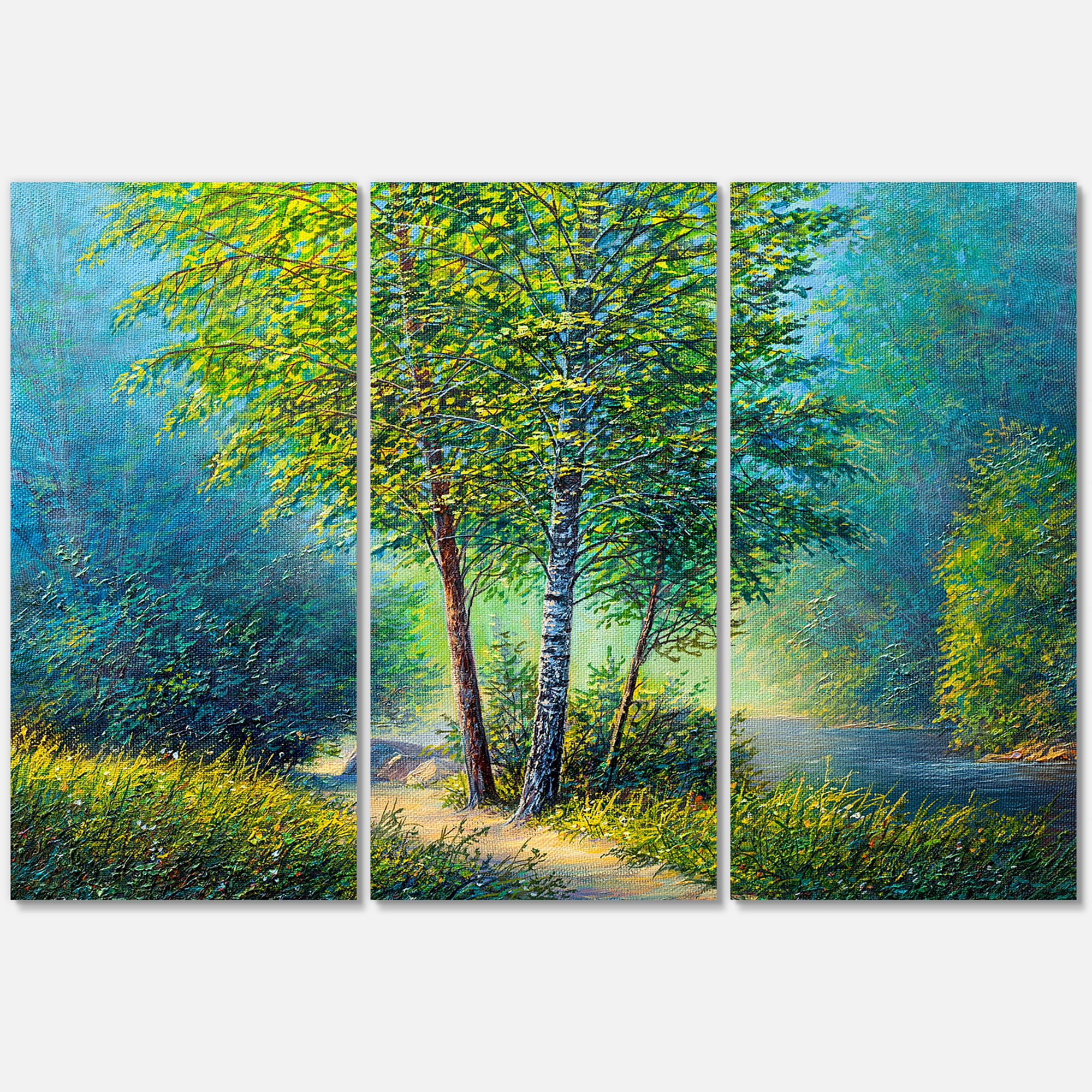 Designart ' Three Vibrant Green Trees By The River ' Lake House Canvas Wall Art Print