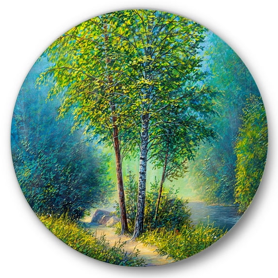 Designart 'Three Vibrant Green Trees By The River' Lake House Circle Metal Wall Art 11x11 - Disc of 11