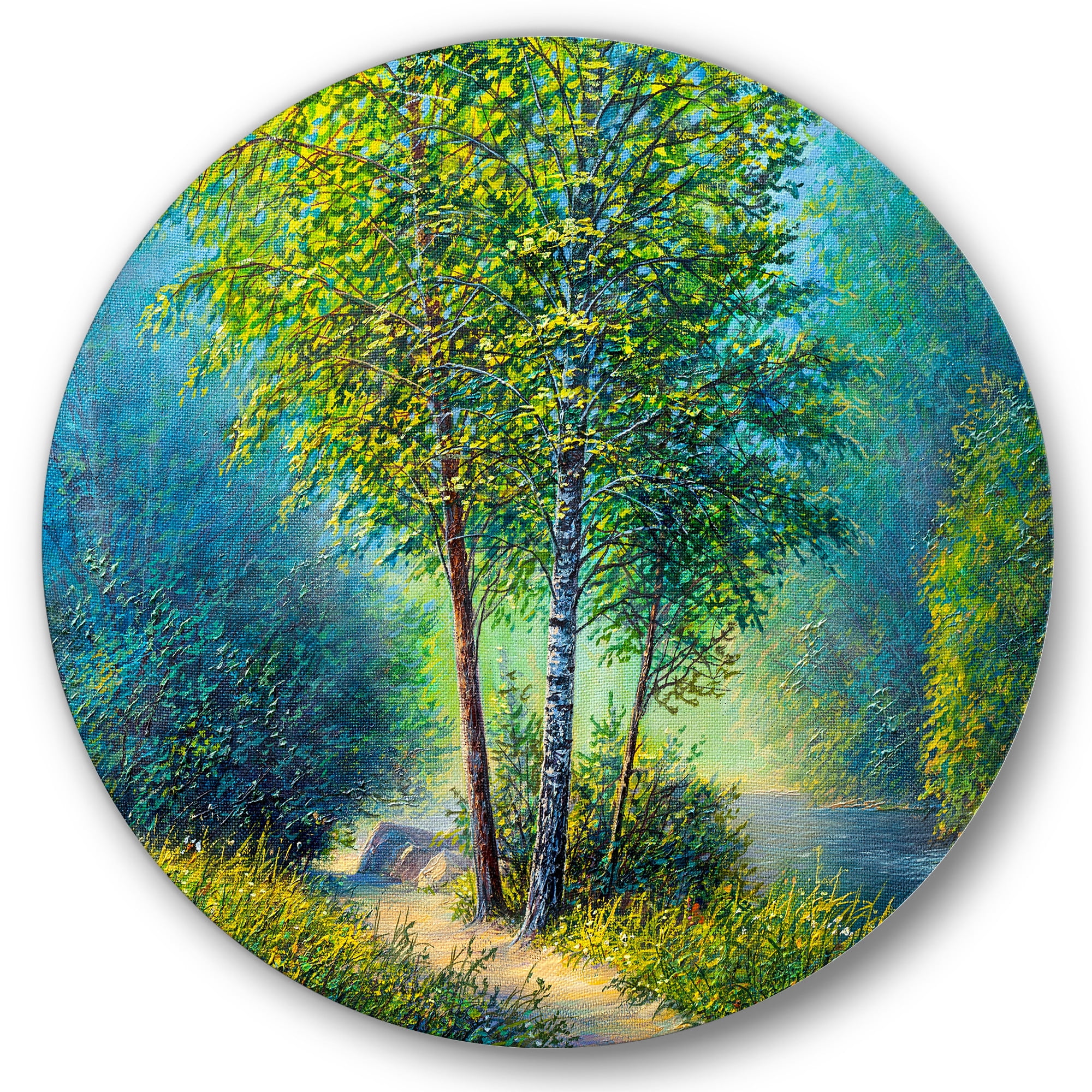 Designart 'Three Vibrant Green Trees By The River' Lake House Circle Metal Wall Art 23x23 - Disc of 23