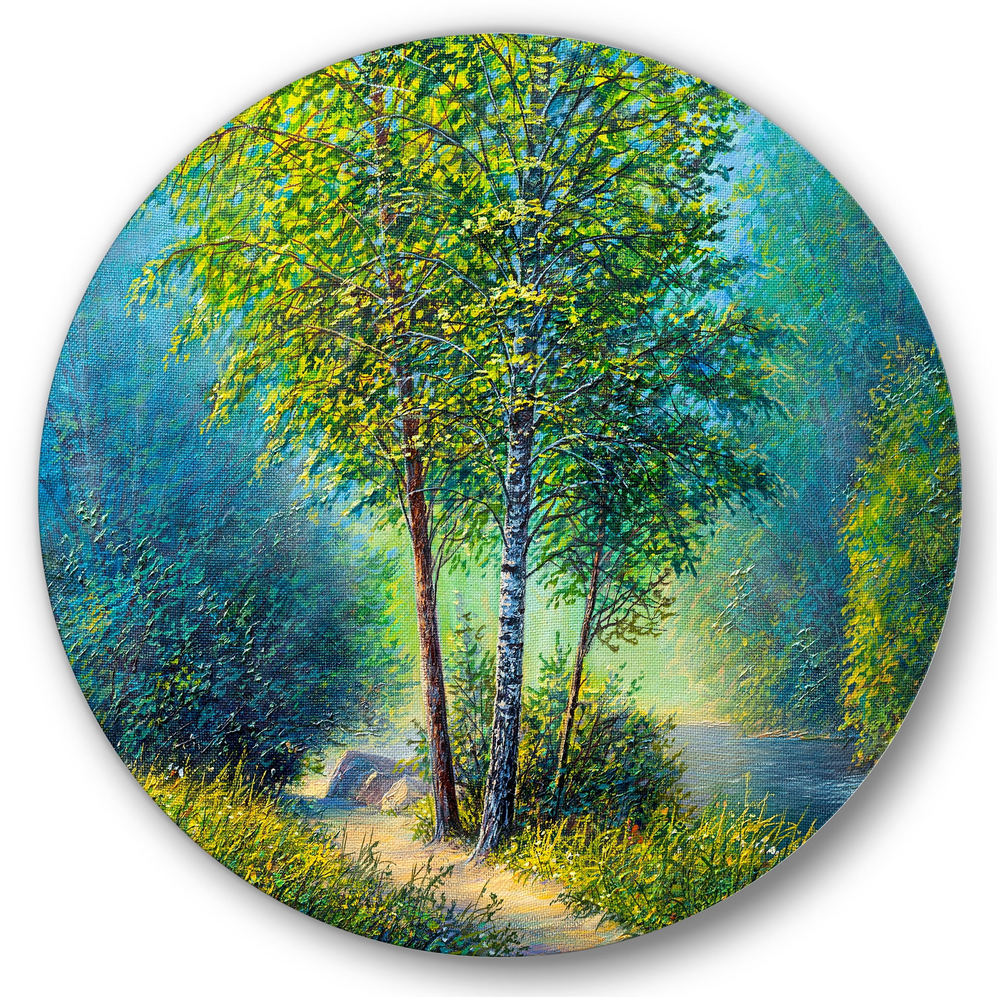 Designart 'Three Vibrant Green Trees By The River' Lake House Circle Metal Wall Art 29x29 - Disc of 29