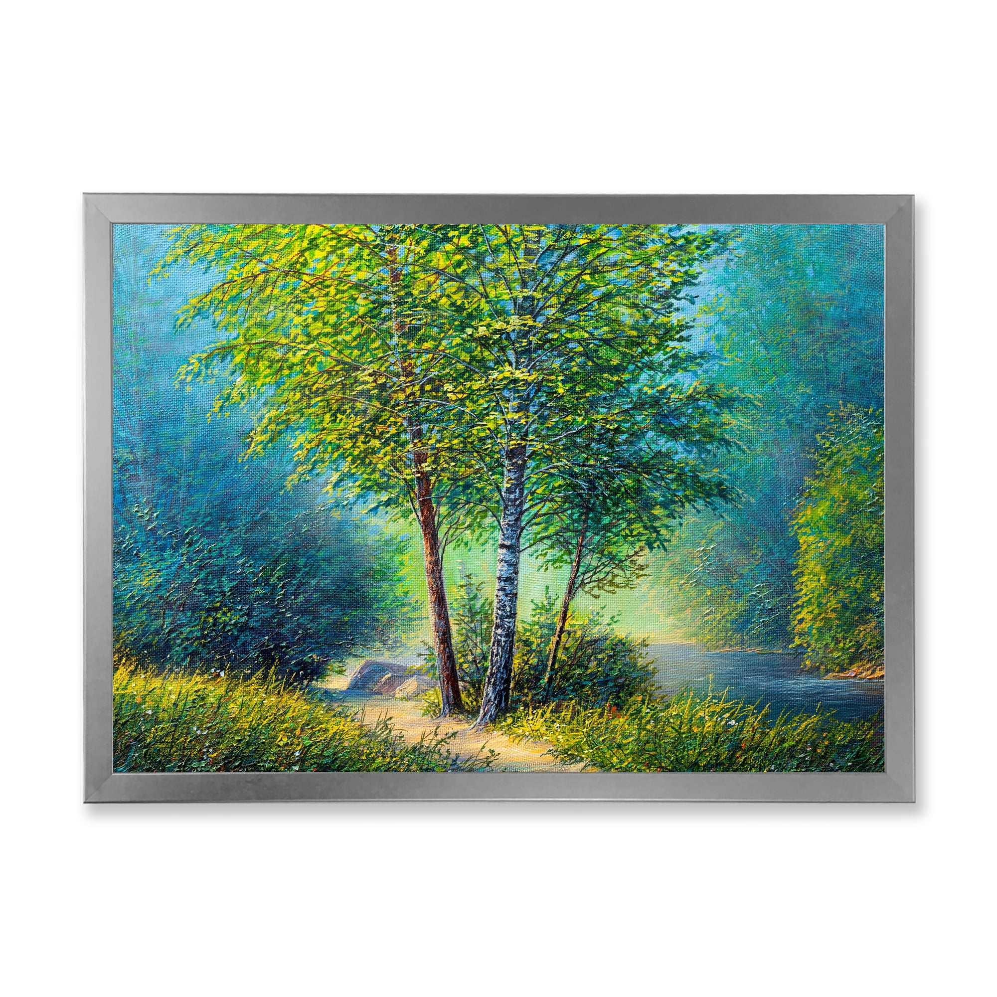 Designart 'Three Vibrant Green Trees By The River' Lake House Framed Art Print