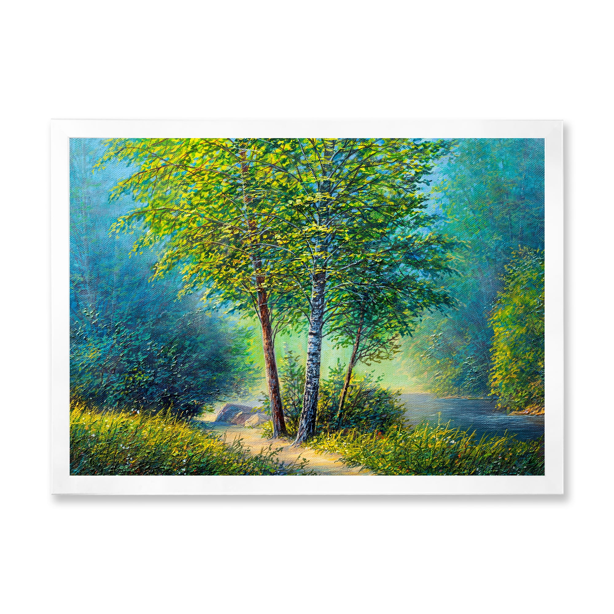 Designart 'Three Vibrant Green Trees By The River' Lake House Framed Art Print