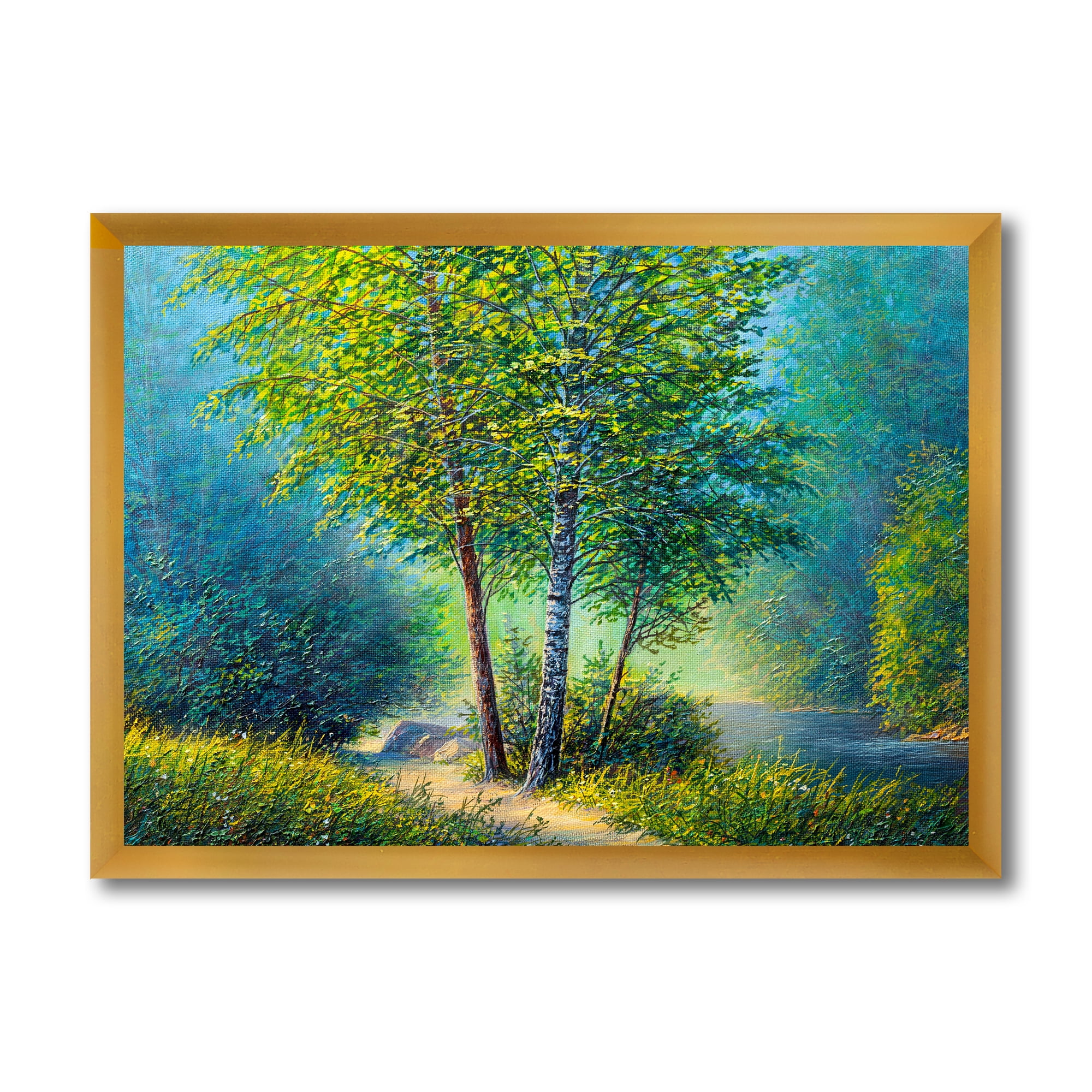 Designart 'Three Vibrant Green Trees By The River' Lake House Framed Art Print