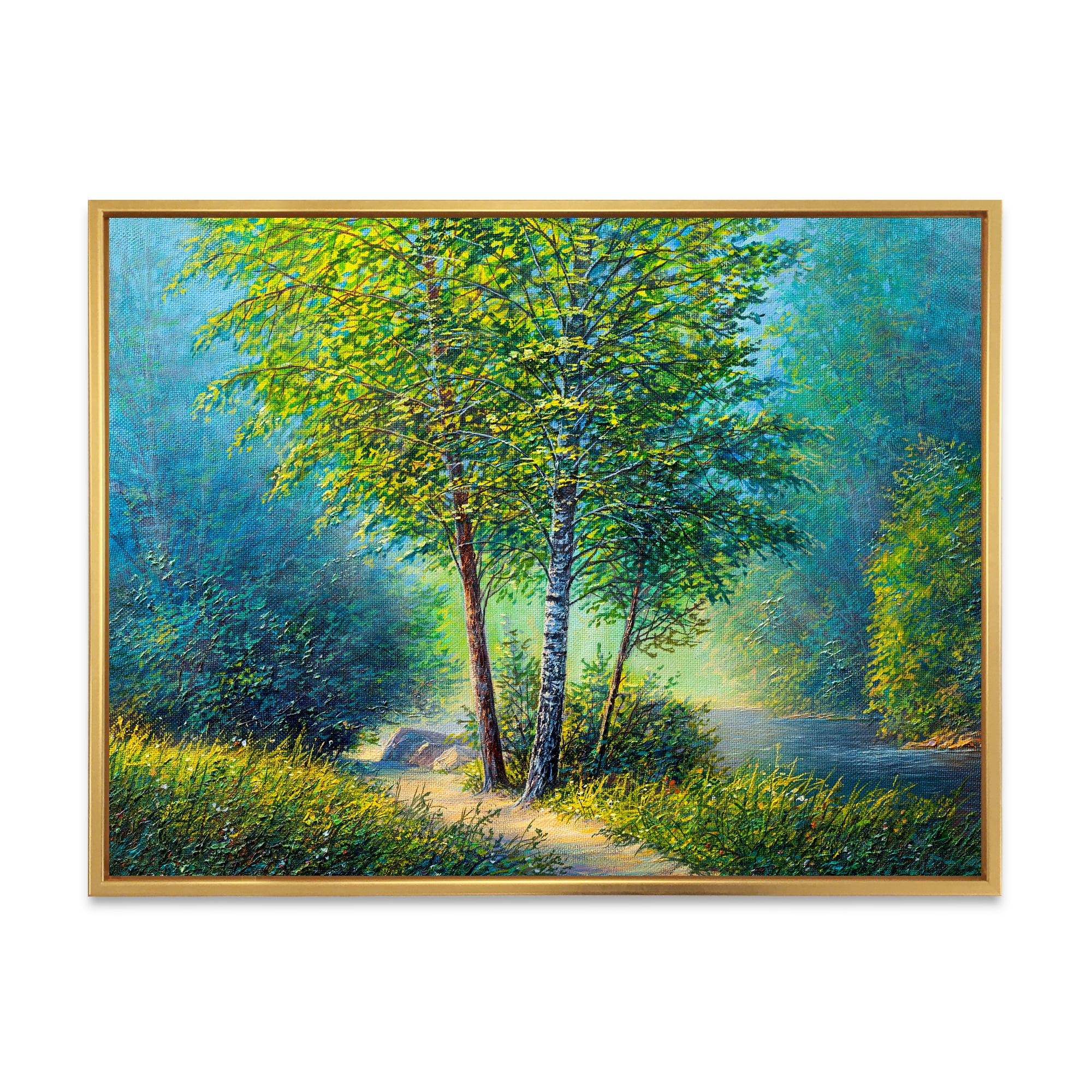 Designart 'Three Vibrant Green Trees By The River' Lake House Framed Canvas Wall Art Print
