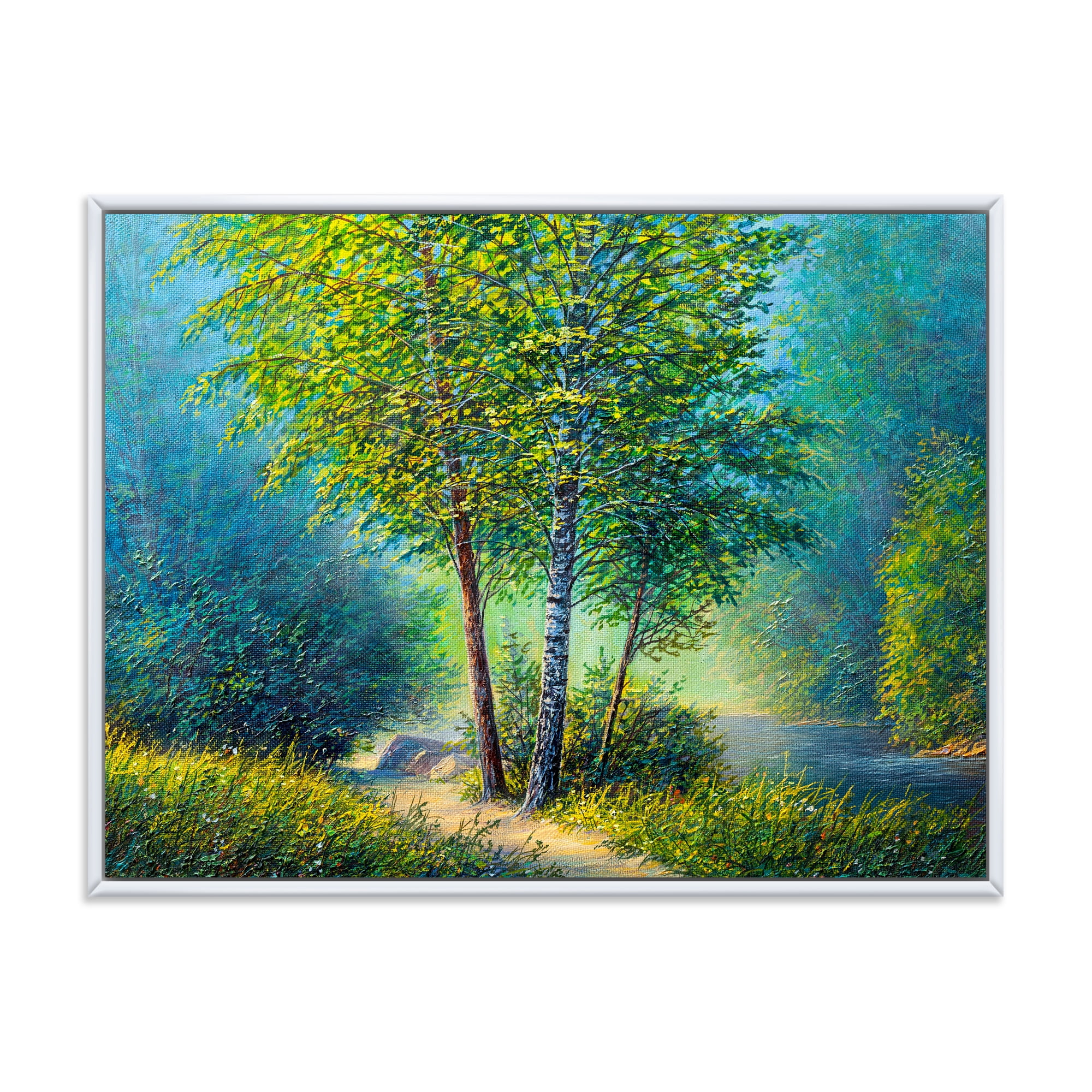 Designart 'Three Vibrant Green Trees By The River' Lake House Framed Canvas Wall Art Print