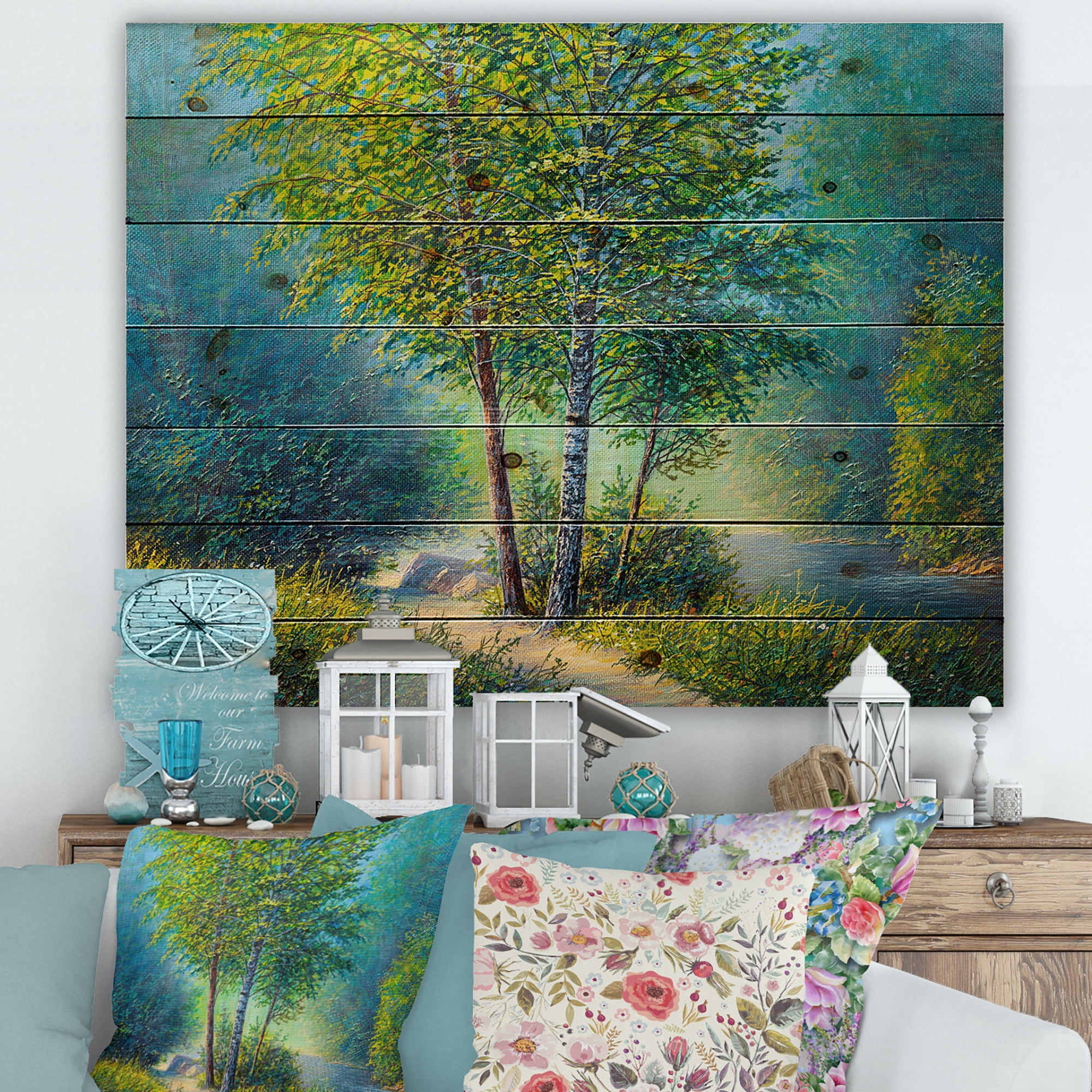 Designart 'Three Vibrant Green Trees By The River' Lake House Print on Natural Pine Wood