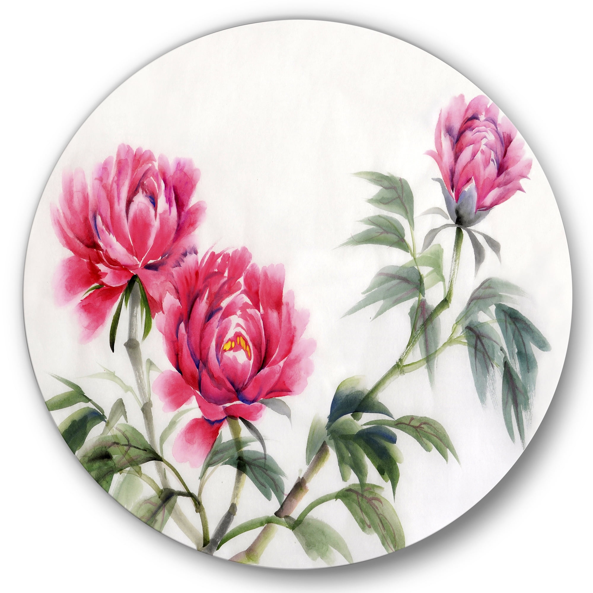 Designart 'Three Vintage Red Peonies Flowers' Traditional Circle Metal Wall Art 23x23 - Disc of 23