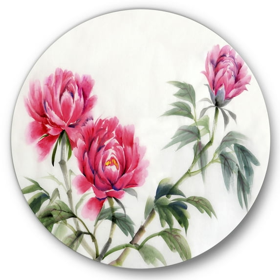 Designart 'Three Vintage Red Peonies Flowers' Traditional Circle Metal Wall Art 36x36 - Disc of 36