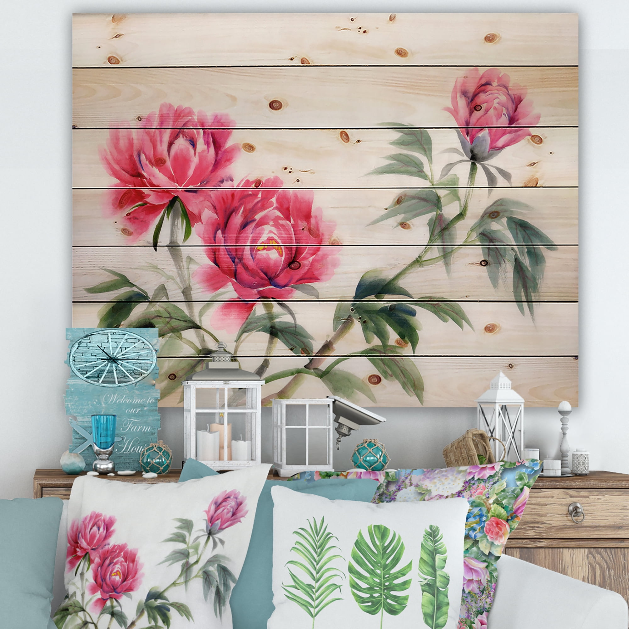 Designart 'Three Vintage Red Peonies Flowers' Traditional Print on Natural Pine Wood